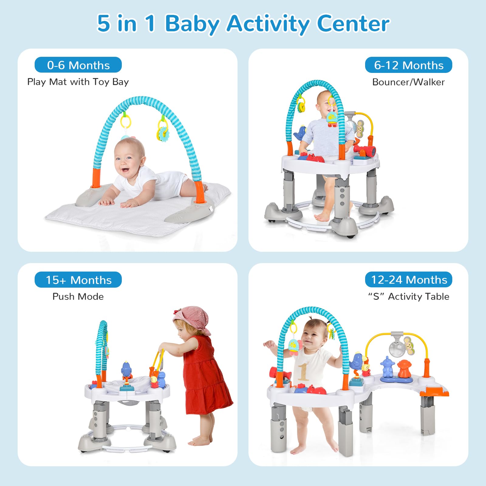 INFANS Baby Bouncer Activity Center 5 in 1 Toddler Bouncing Activity Saucer Playtime Mat Activity Table with 360°Rotating Seat