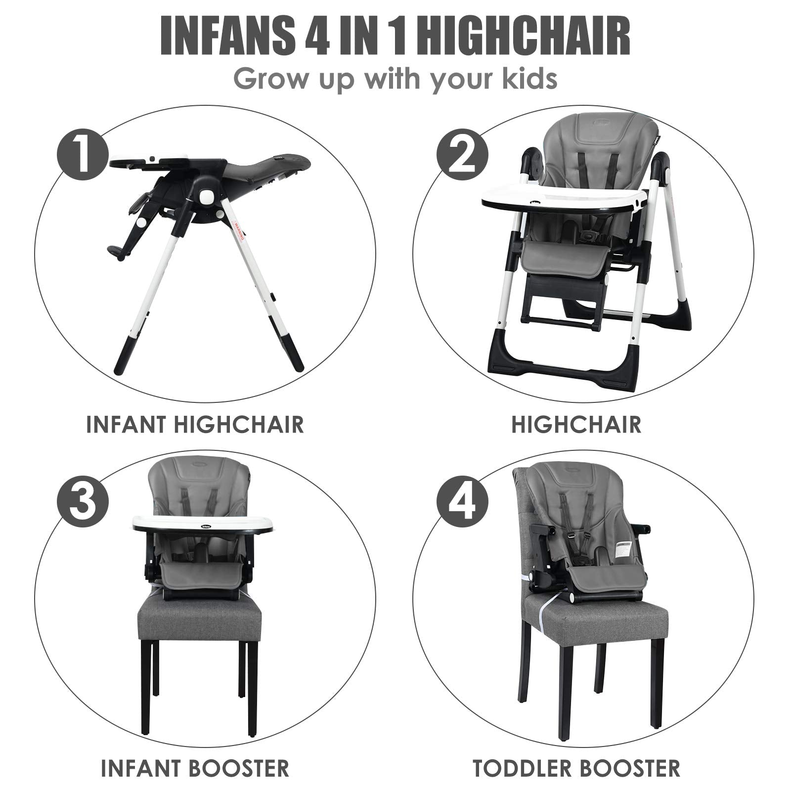 INFANS 4 in 1 High Chair–Booster Seat, Convertible Highchair, Installation-Free,Simple Fold for Baby, Infant& Toddler