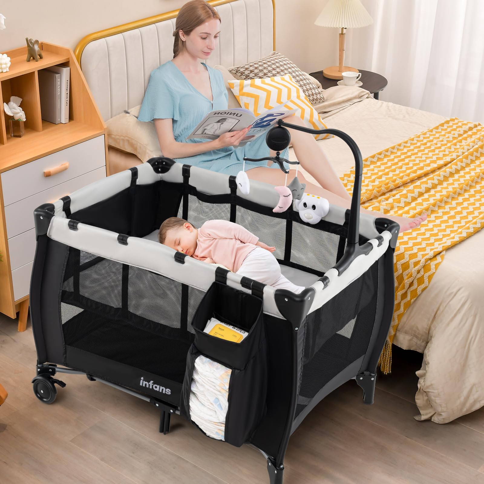 INFANS 3 in 1 Pack and Play, Portable Travel Baby Crib Bassinet with Detachable Mattress, Newborn Changing Table, Foldable Playpen