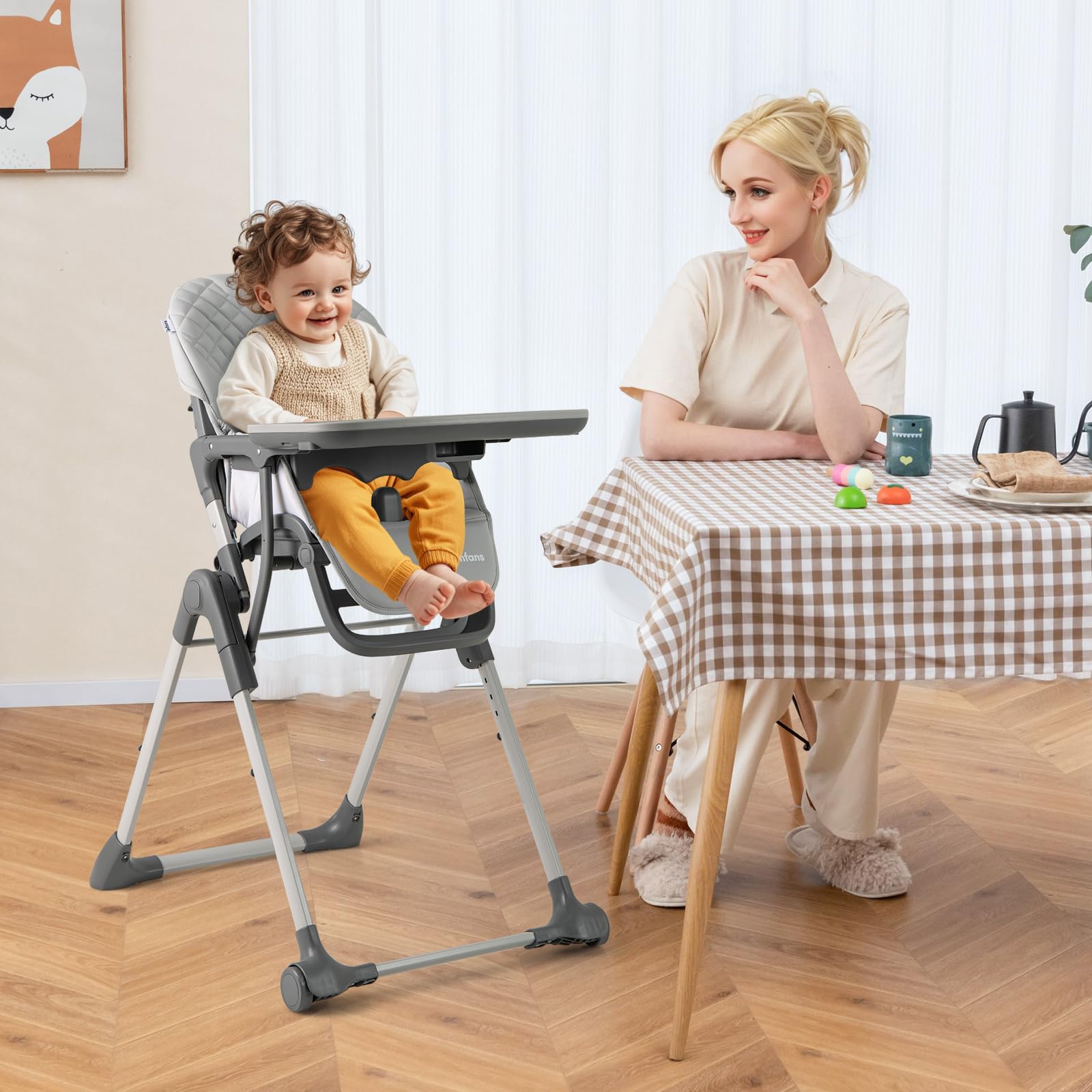 INFANS Baby High Chair, Convertible Quick Folding Portable Highchair with Adjustable Height Backrest Footrest