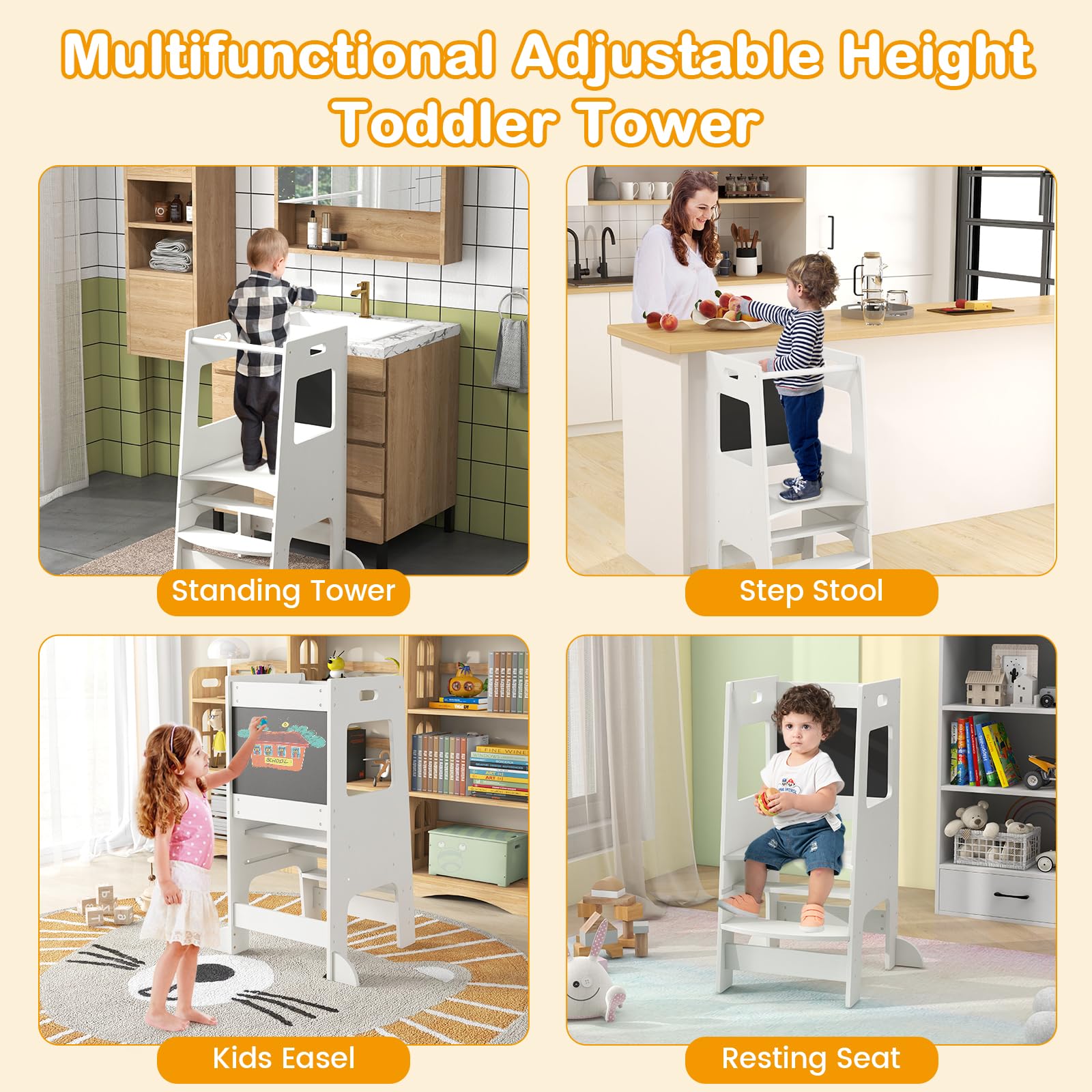 OLAKIDS Toddler Standing Tower, Kids Montessori Kitchen Step Stool Helper