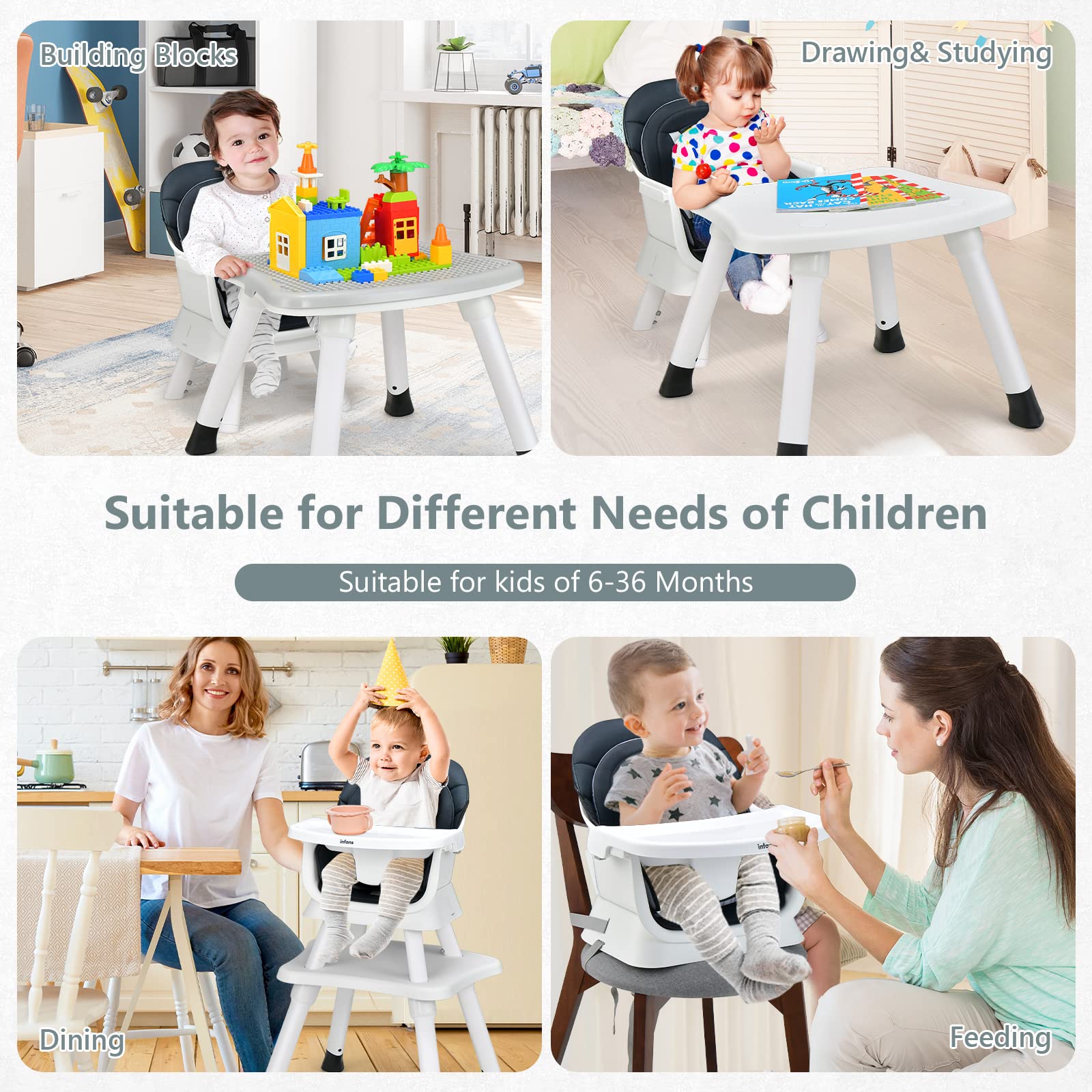 INFANS 8 in 1 Baby High Chair, Convertible Highchair for Babies and Toddlers, Infant Dining Booster Seat