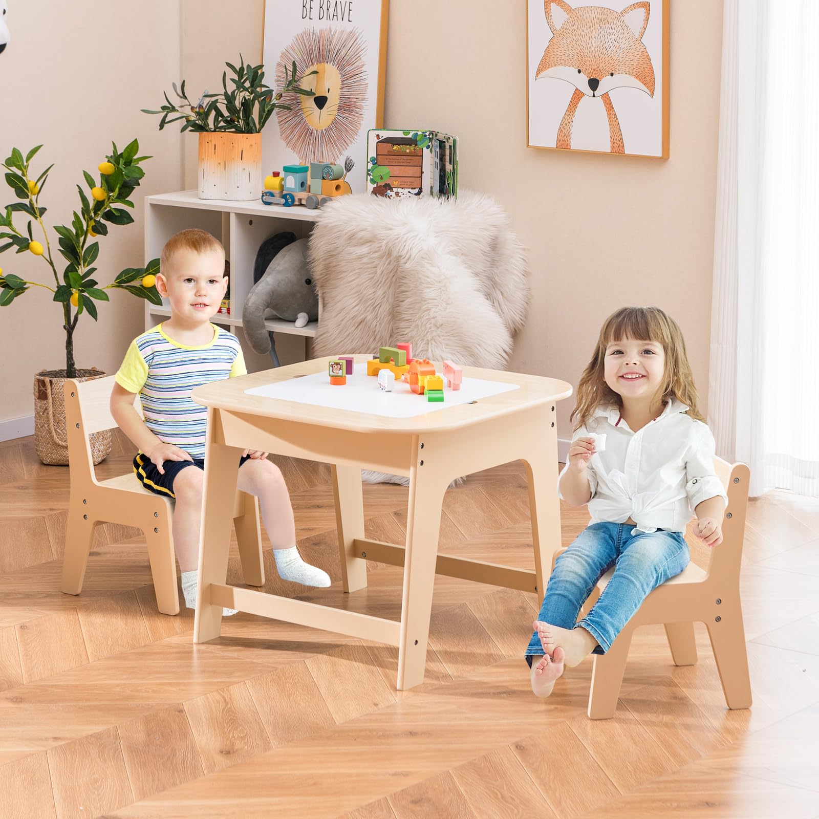 OLAKIDS Kids Table and Chair Set, 3 in 1 Wooden Activity Table with Removable Tabletop, Blackboard and Whiteboard