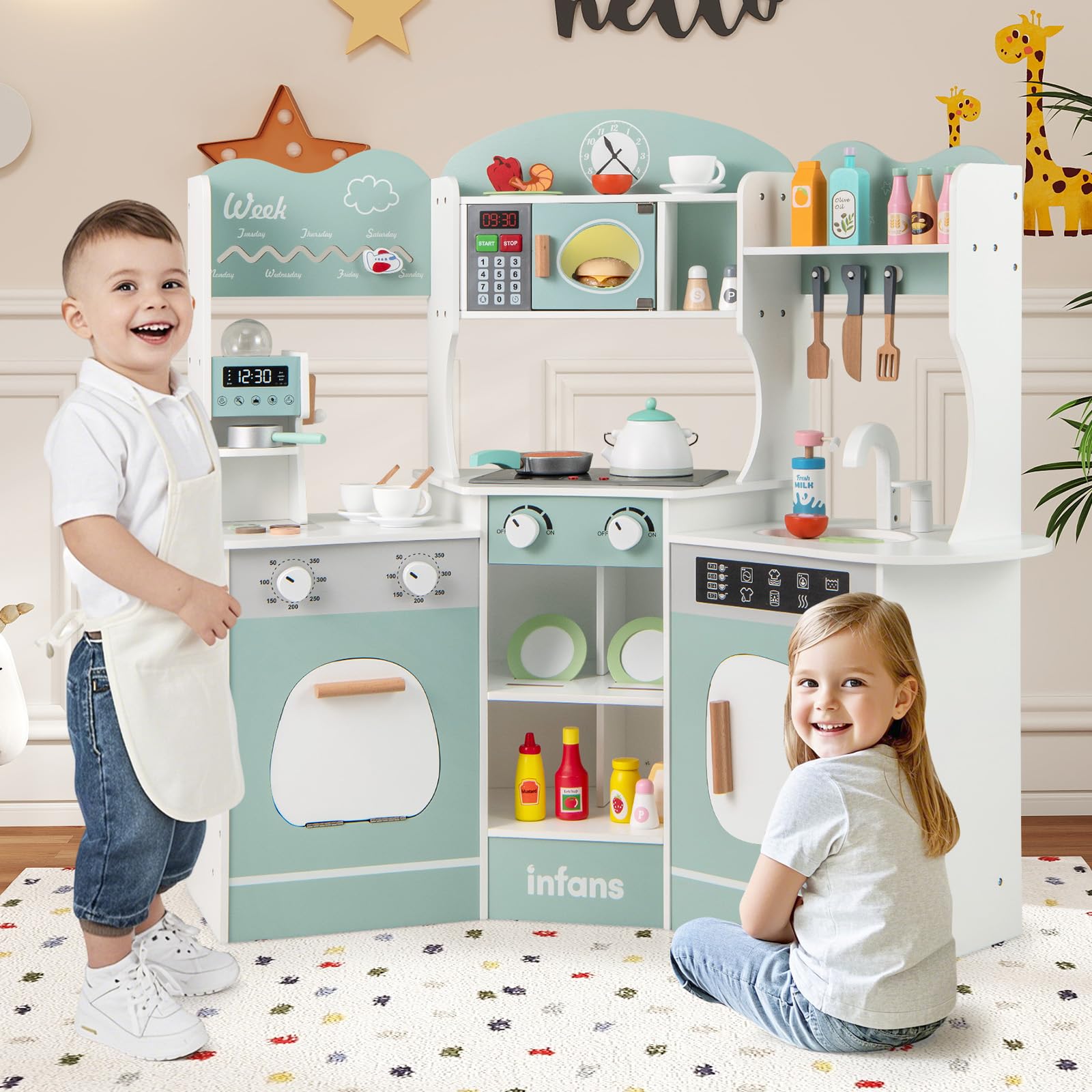 OLAKIDS Corner Kids Kitchen Playset, Toddler Wooden Pretend Cooking Set