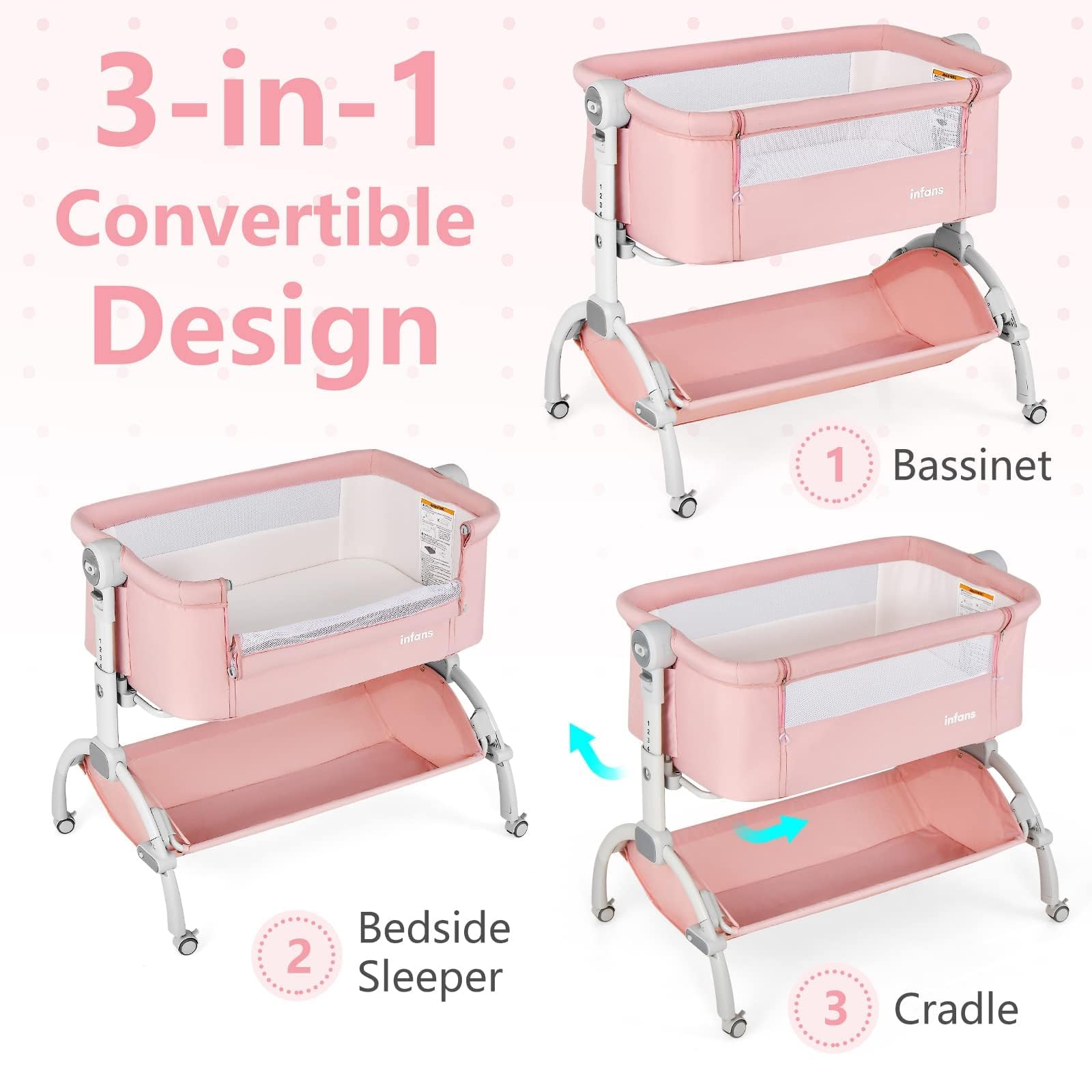 INFANS 3 in 1 Baby Bassinet, Bedside Sleeping, Rocking Cradle, Easy Folding Portable Safer Co-Sleeping Crib with Storage Basket