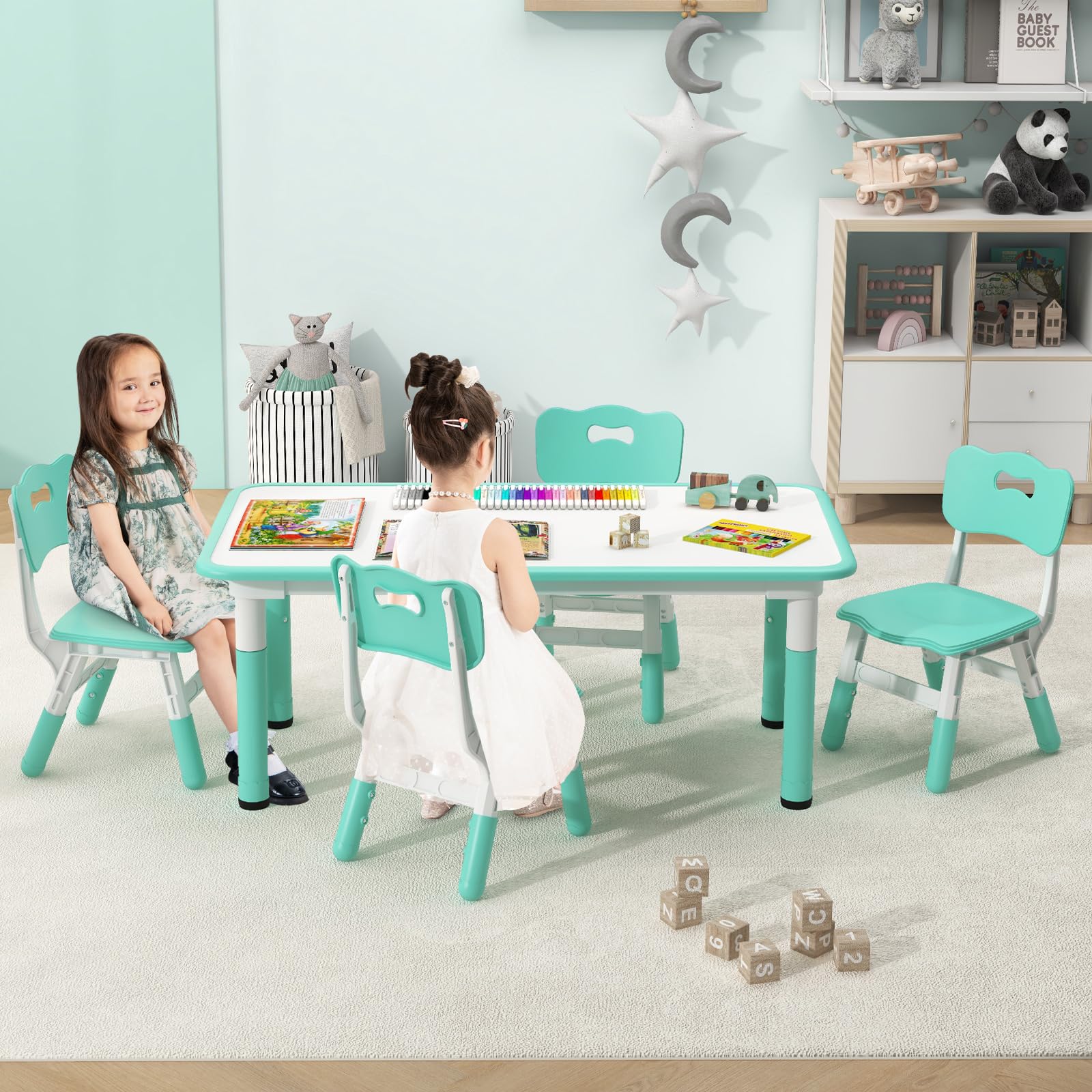 OLAKIDS Kids Table and Chiar Set, Height Adjustable Toddler Desk and 4 Chairs