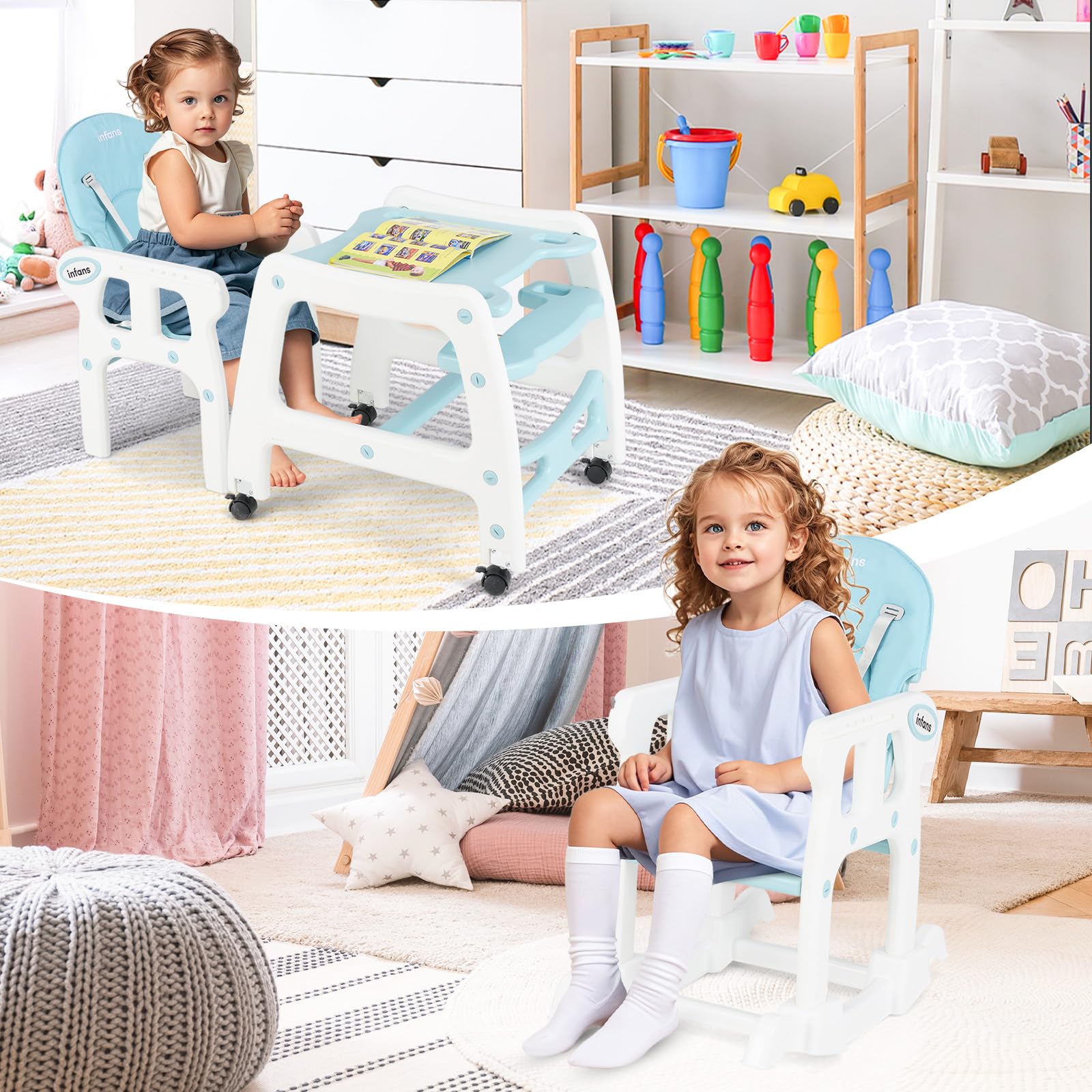 INFANS 5 in 1 Baby High Chair, Convertible Toddler Table Chair Set,  Multi-Function Seat with Lockable Universal Wheels