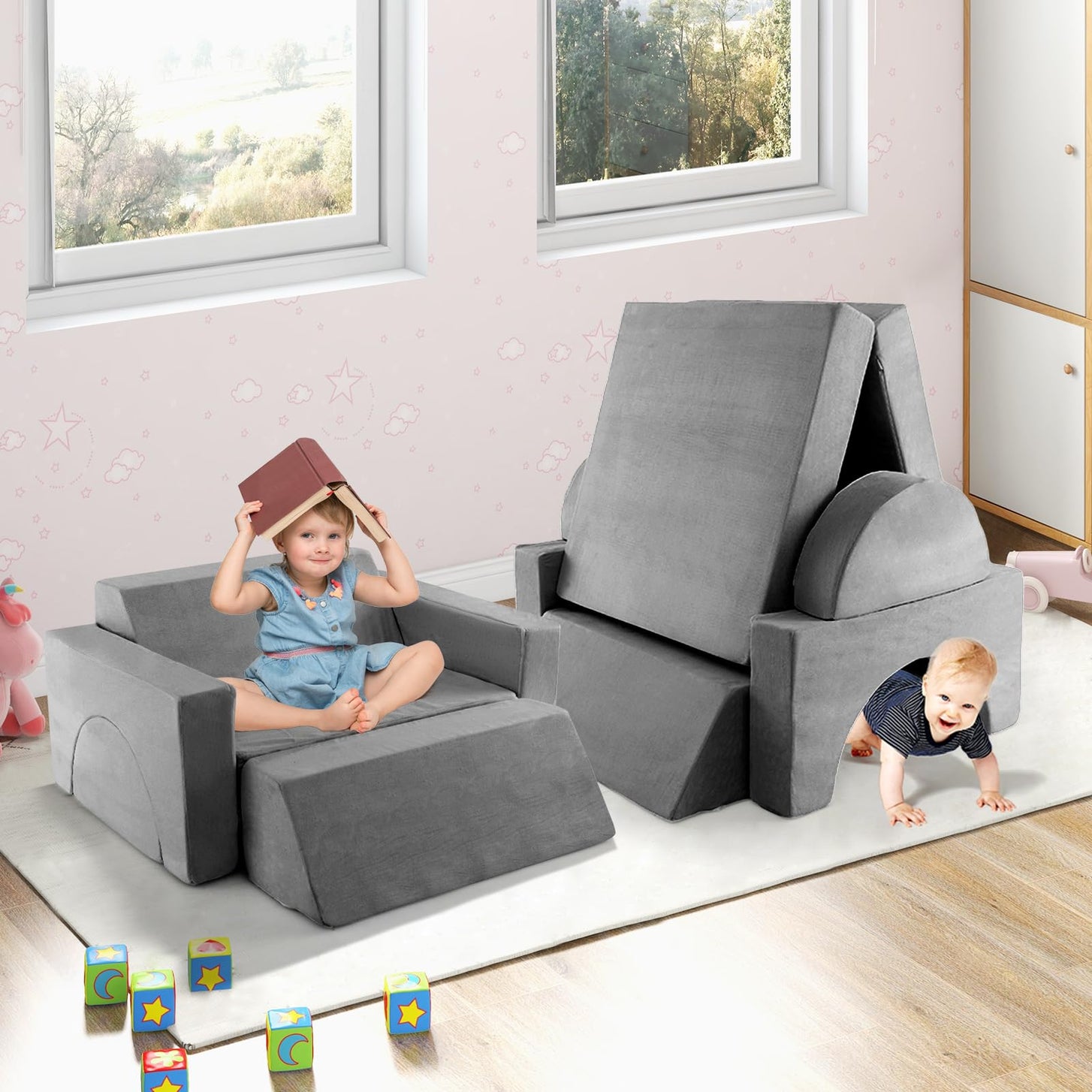 OLAKIDS Mondular Kids Play Couch, 8PCS Toddler Sectional Sofa Building Fort