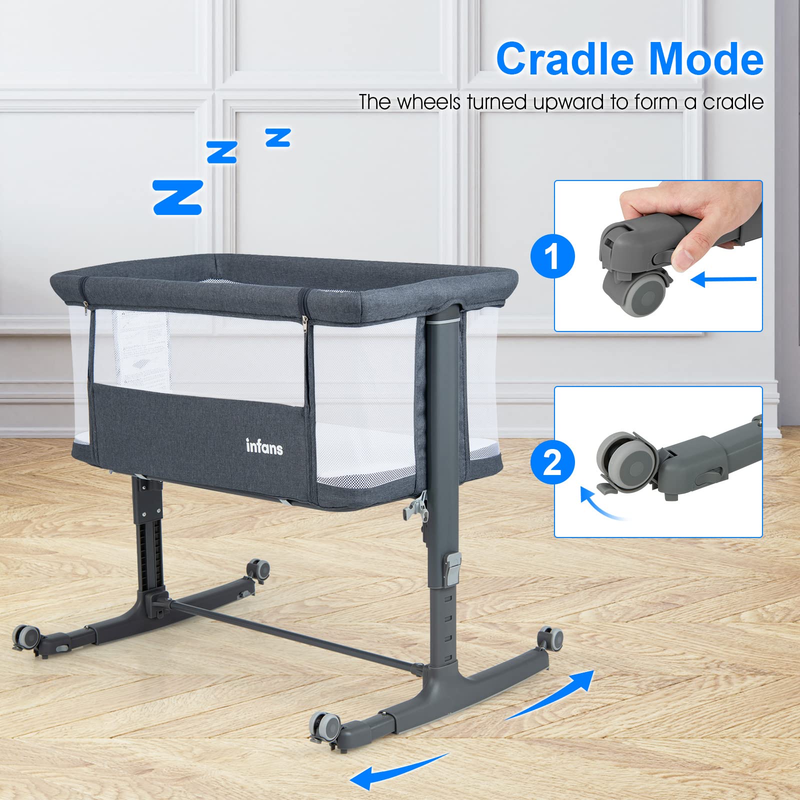 INFANS 3 in 1 Baby Bassinets, Bedside Sleeping for Newborn, Folding Crib with Mattress, Easy to Assemble Cradle