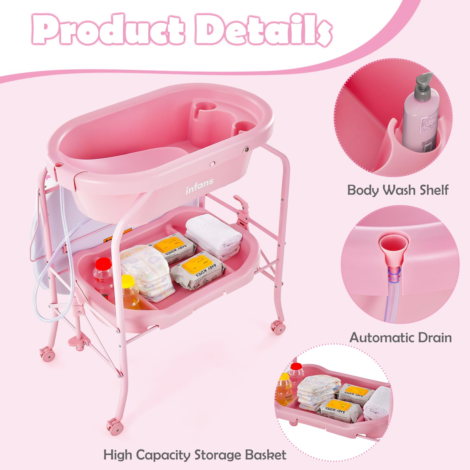 INFANS 2 in 1 Baby Changing Table with Bath Tub Unit, Folding Diaper Dresser Station with Wheels Waterproof