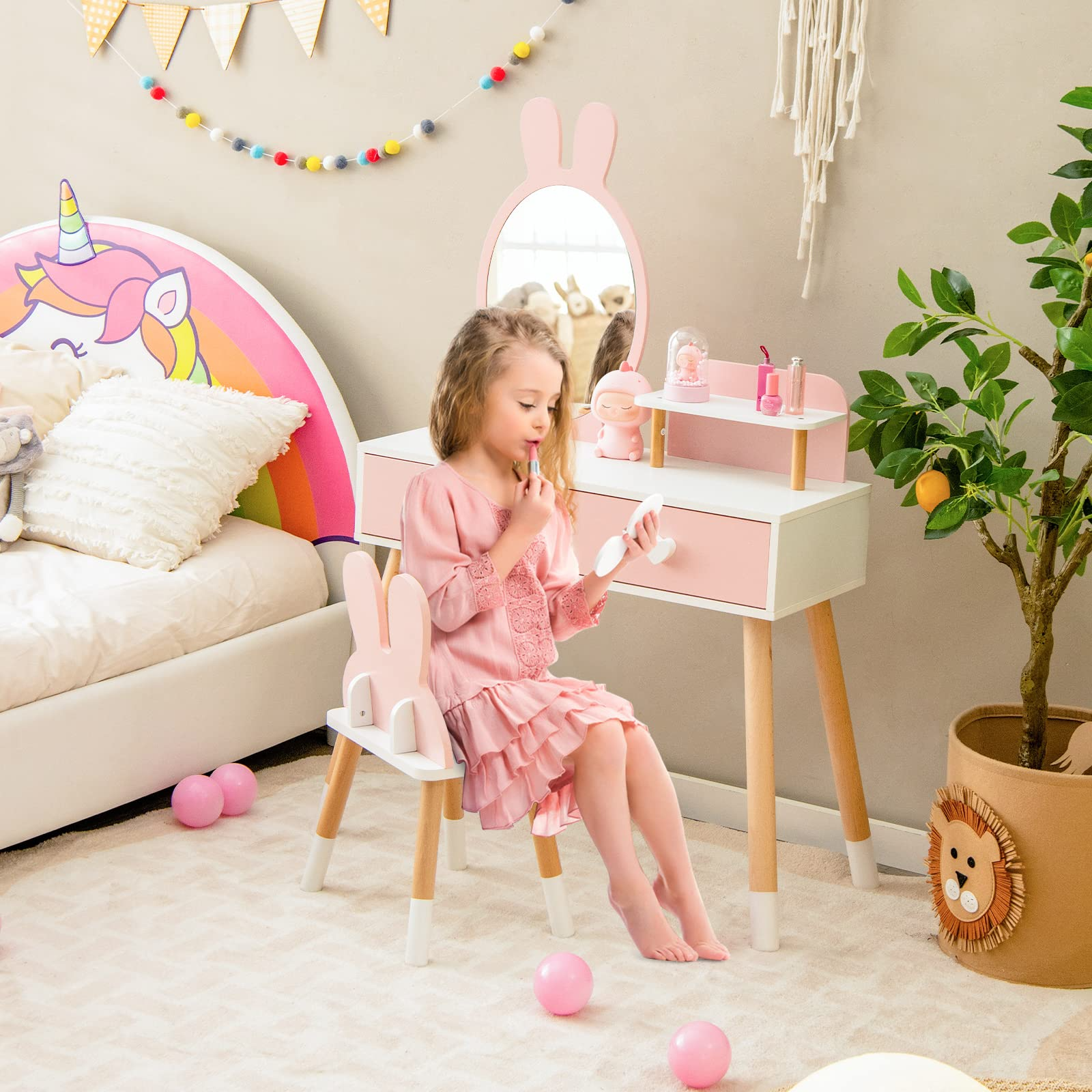 OLAKIDS Kids Vanity Set, 2 in 1 Wooden Princess Makeup Table and Chair with Mirror