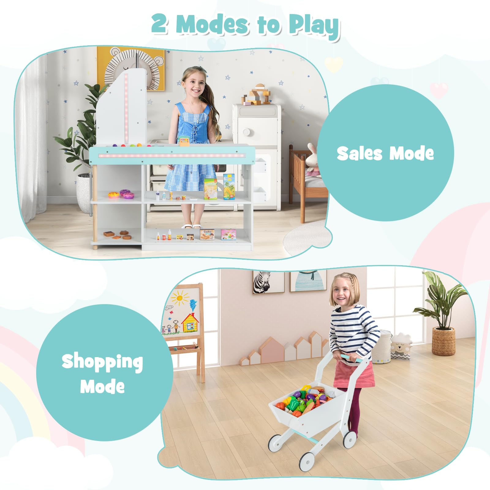 OLAKIDS Kids Grocery Store Playset, Wooden Pretend Play Supermarket with LED Lights, Market Stand Toy
