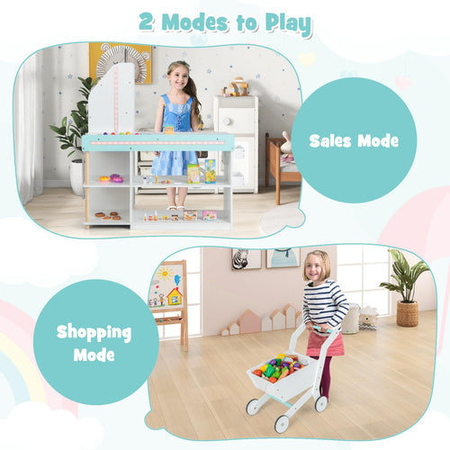 OLAKIDS Kids Grocery Store Playset, Wooden Pretend Play Supermarket with LED Lights, Market Stand Toy