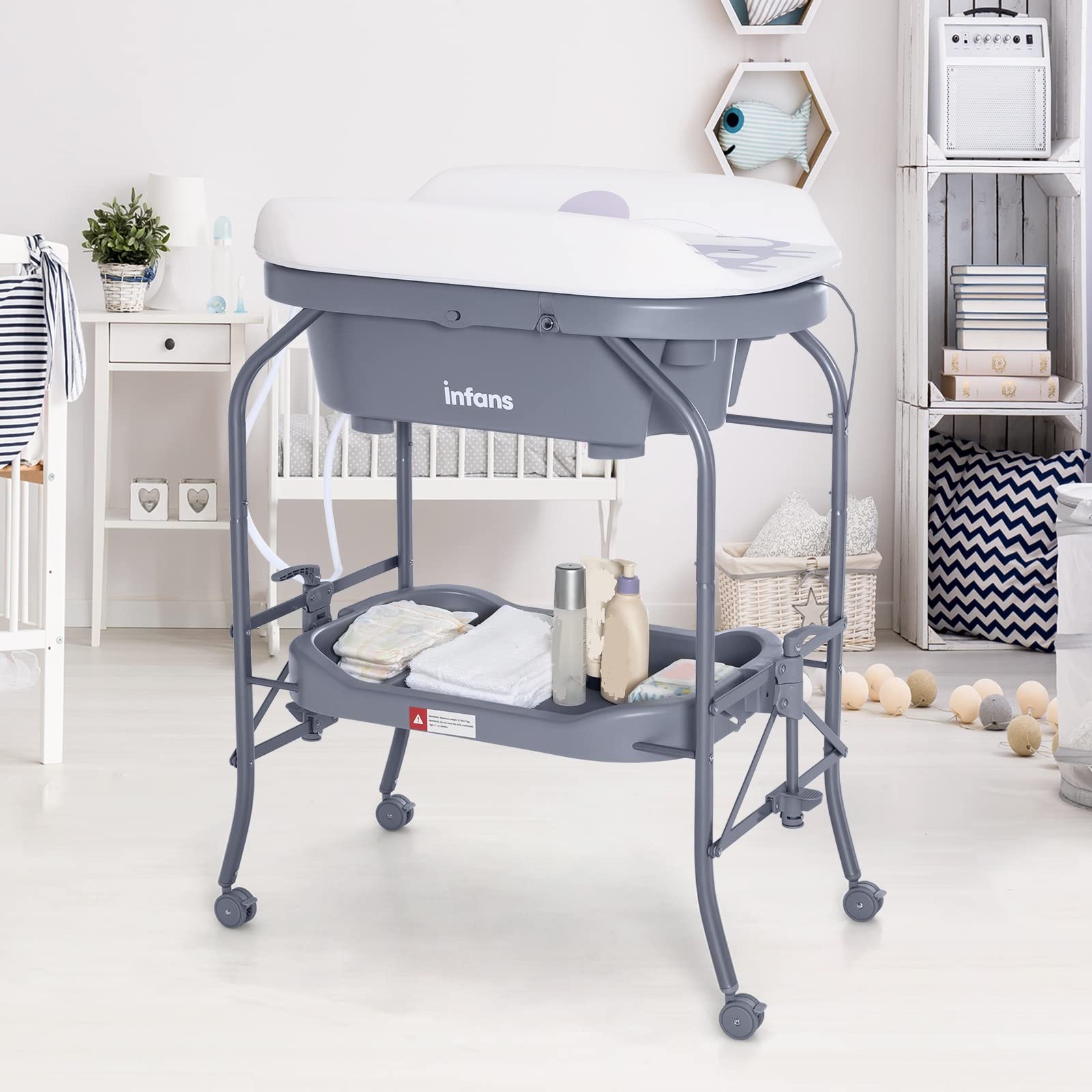 INFANS 2 in 1 Baby Changing Table with Bath Tub Unit, Folding Diaper Dresser Station with Wheels Waterproof