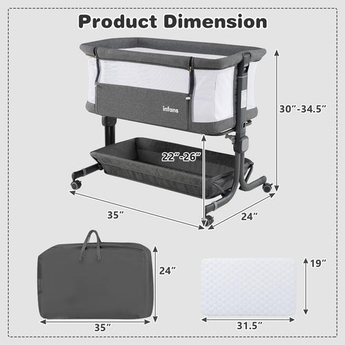 INFANS 3-in-1 Baby Bassinet, Bedside Sleeper with Comfy Mattress, Wheels, 6-Height Adjustable, Storage Basket