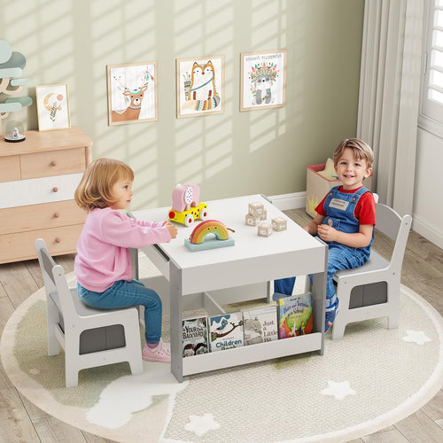 OLAKIDS Kids Table and Chair Set, 4 in 1 Building Block Wooden Activity Desk with Reversible Tabletop for Toddlers