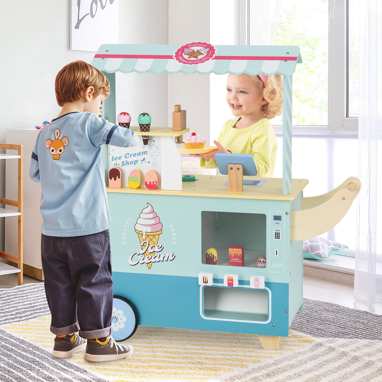 OLAKIDS Ice Cream Cart Grocery Store Marketplace Toy for Ages 3+
