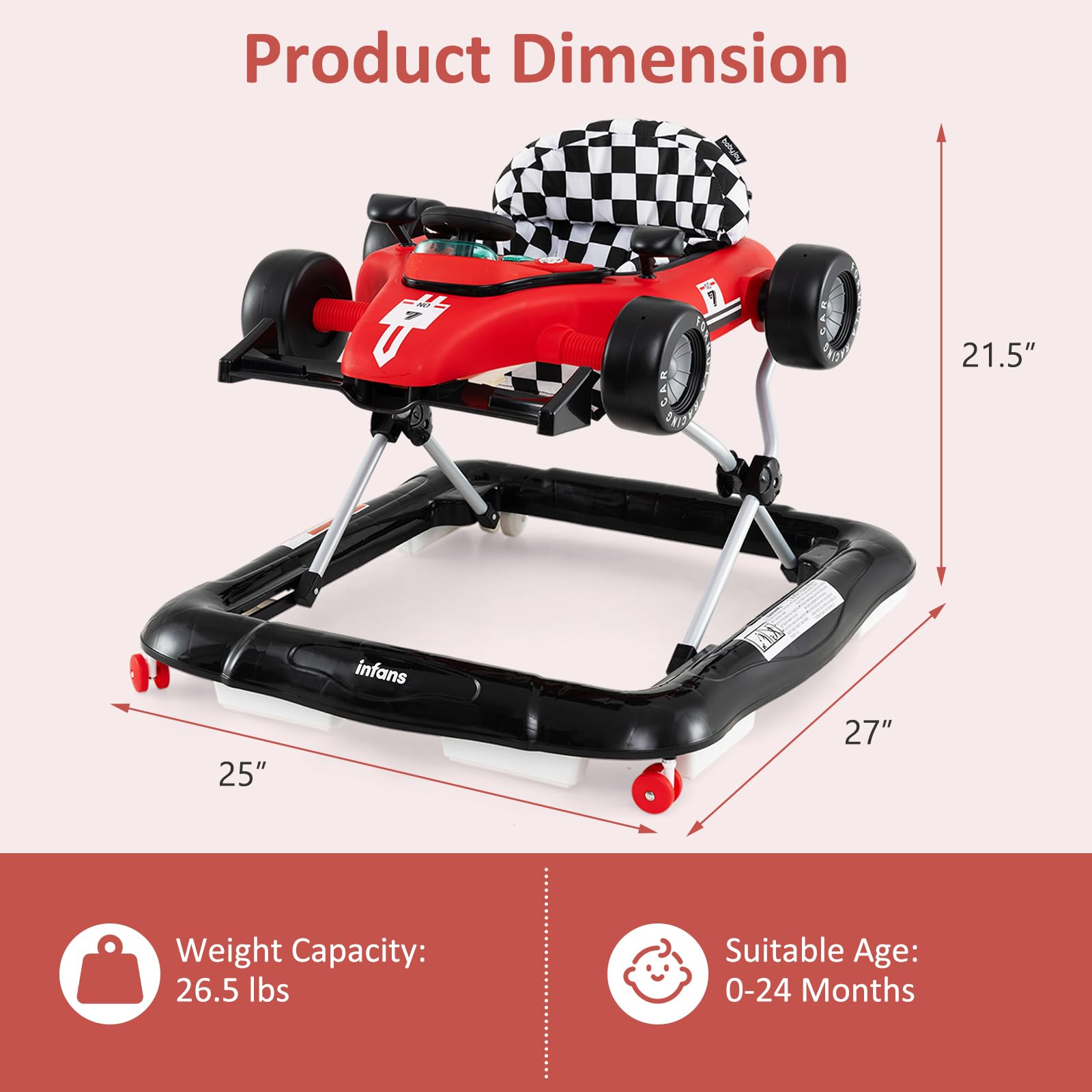 INFANS 4 in 1 Baby Walker, Foldable Toddler Activity Center with Adjustable Height, Removable Toy Tray, Push Walker