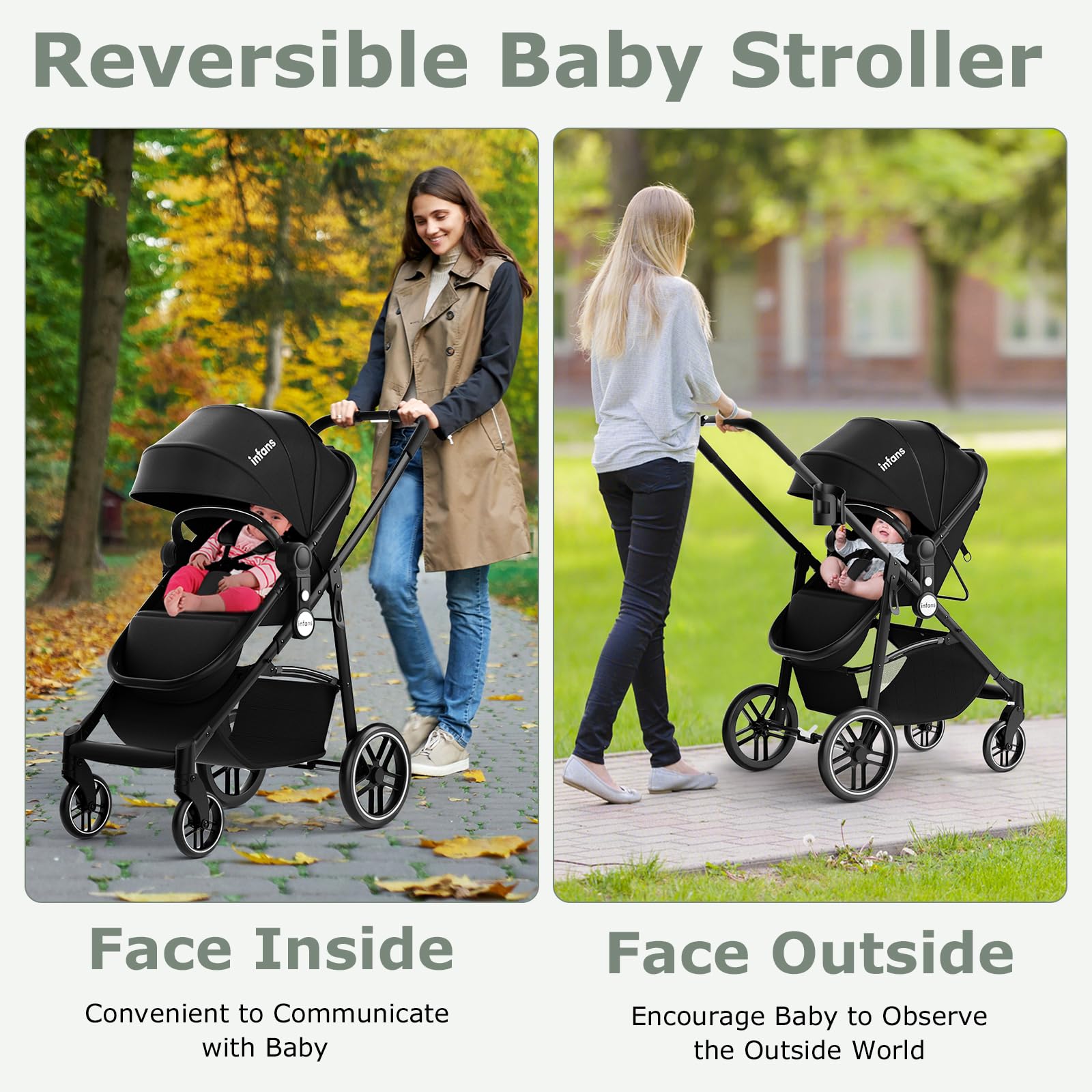 INFANS 2 in 1 Baby Stroller, High Landscape Infant Stroller & Reversible Bassinet Pram, Foldable Pushchair