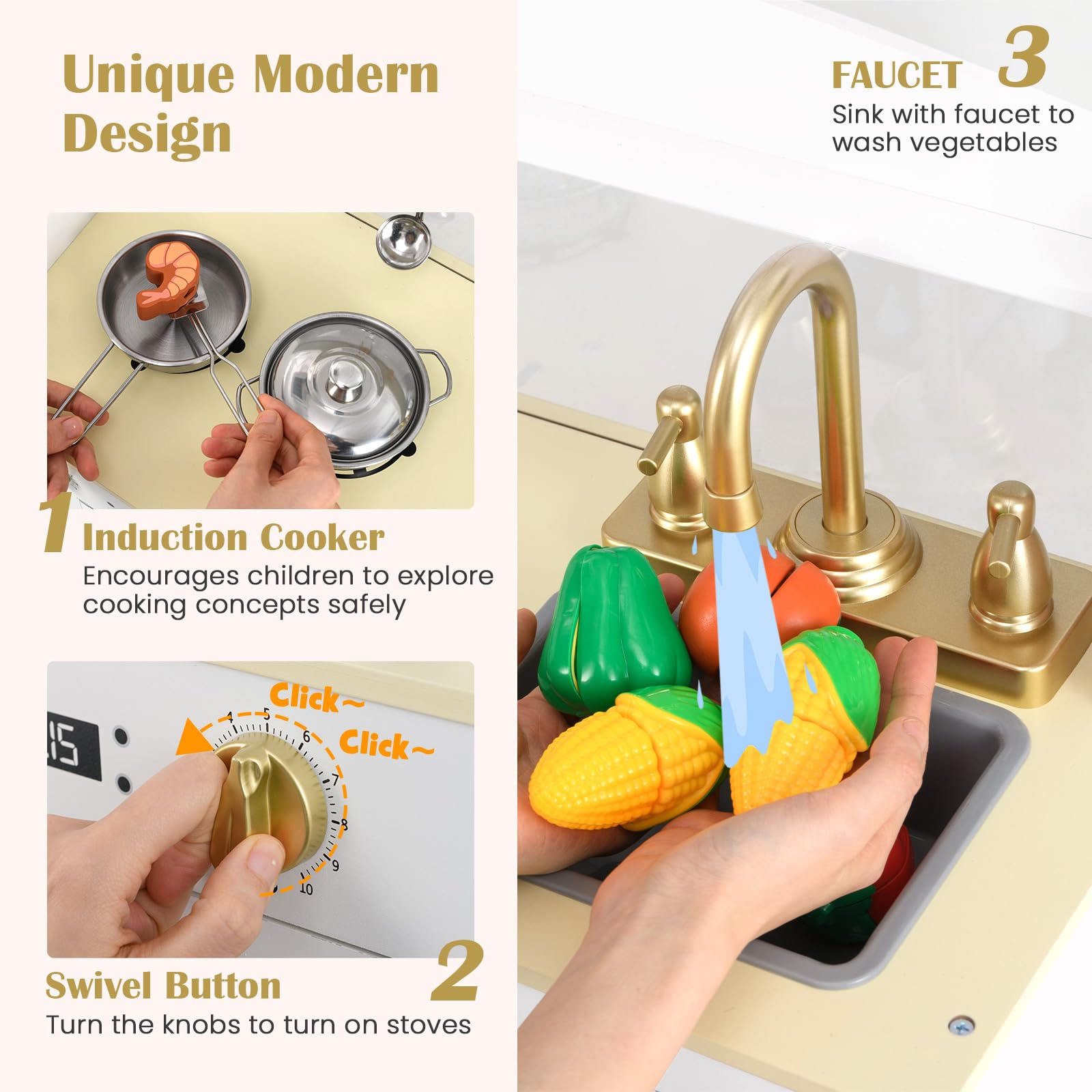 OLAKIDS Kids Kitchen Playset, Toddler Wooden Pretend Cooking Toy Set with Acrylic Drawing Board Ice Machine Dishwasher