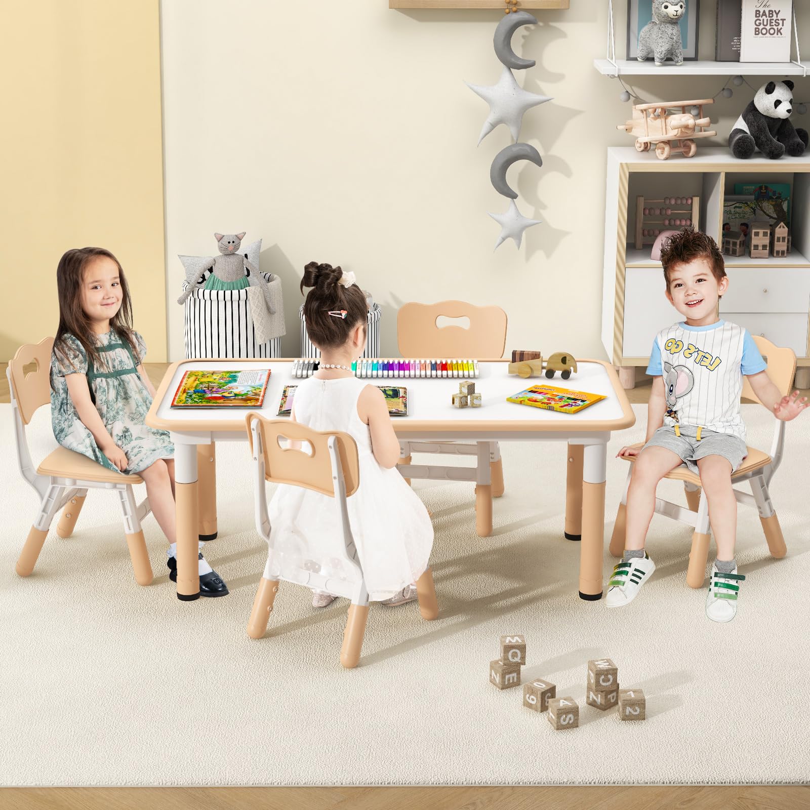 OLAKIDS Kids Table and Chiar Set, Height Adjustable Toddler Desk and 4 Chairs