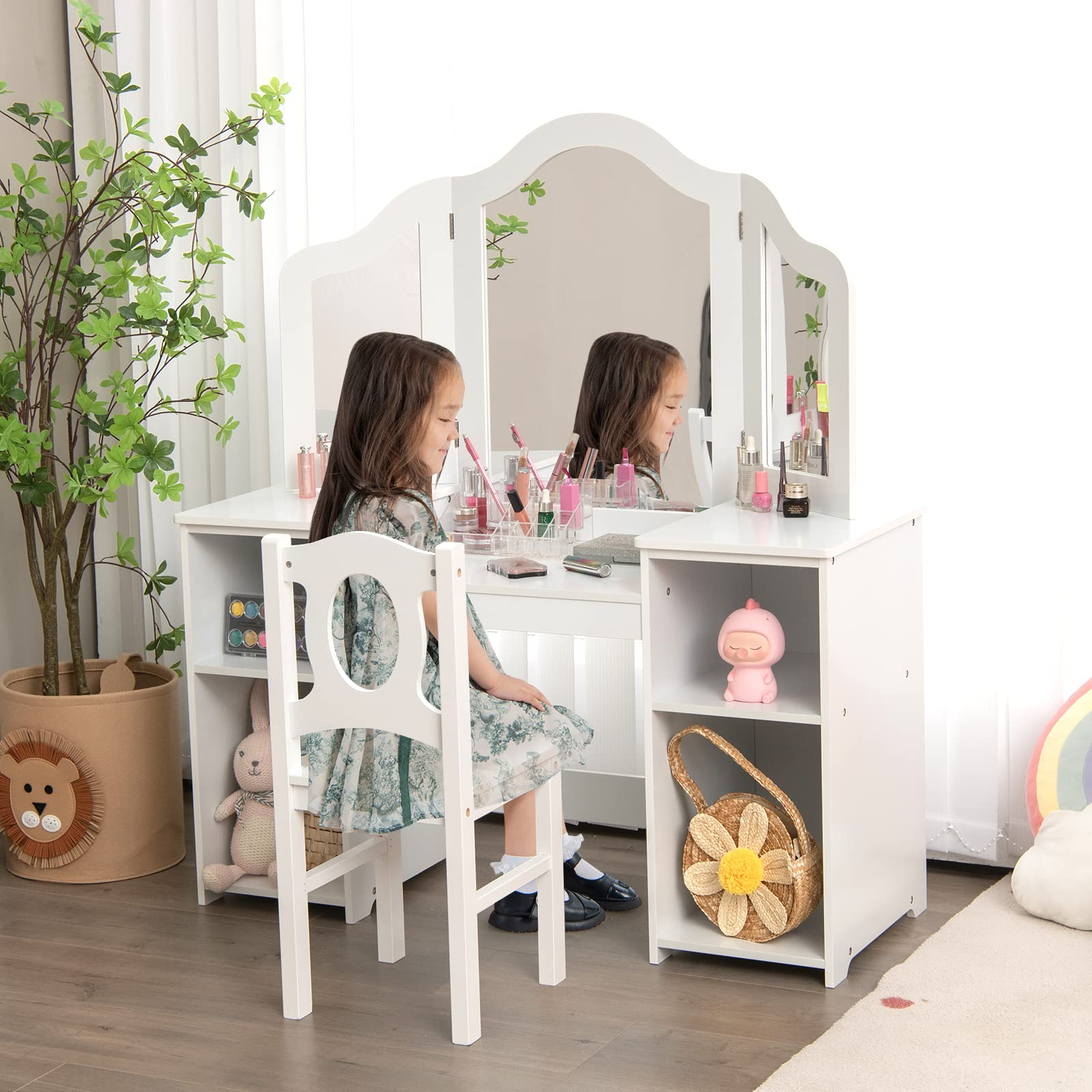OLAKIDS Kids Vanity, 2 in 1 Princess Makeup Desk & Chair Set, Wooden Dressing Table, Pretend Play Vanity Set for Girls