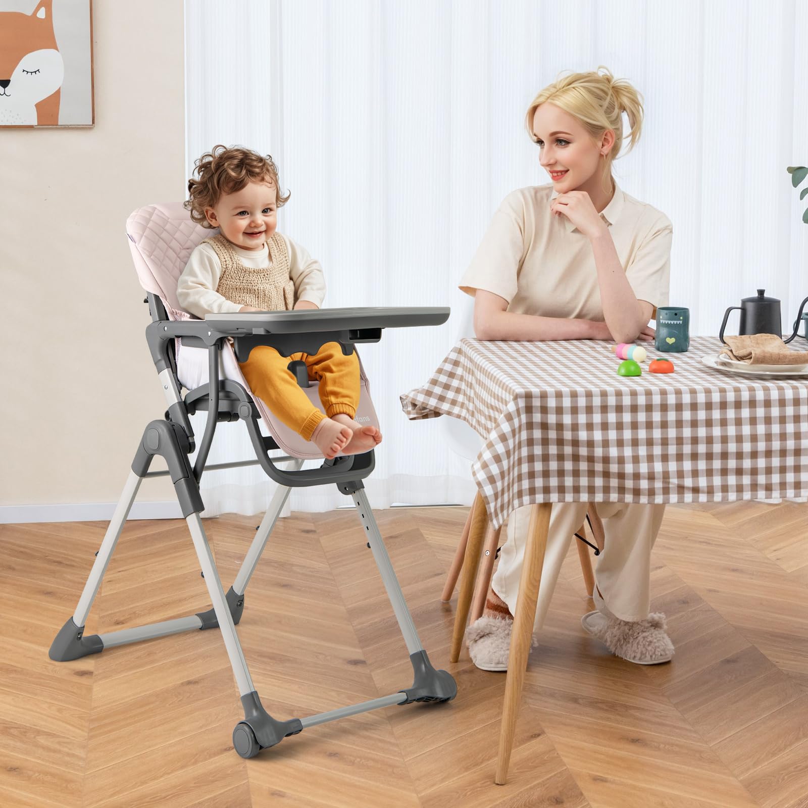 INFANS Baby High Chair, Convertible Quick Folding Portable Highchair with Adjustable Height Backrest Footrest