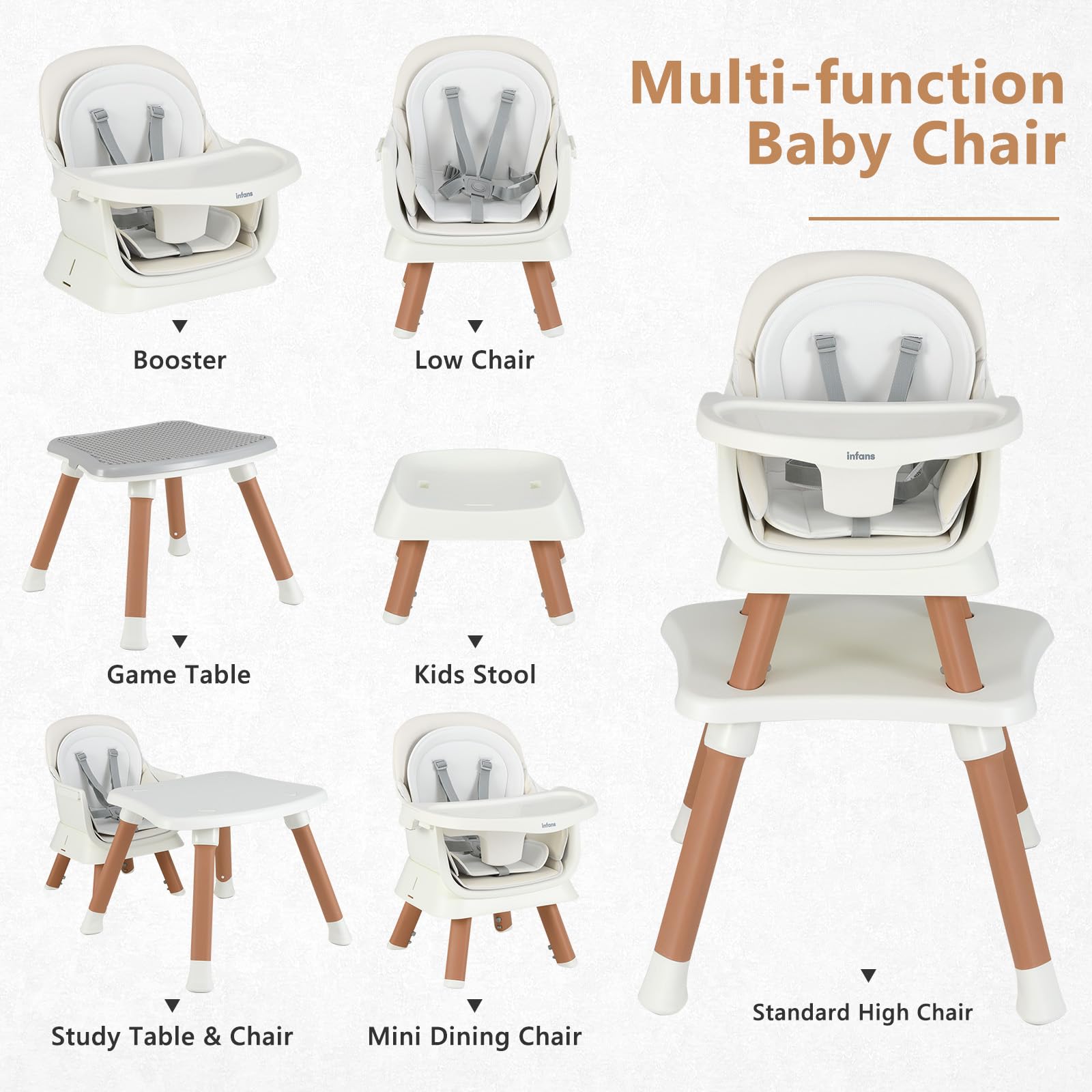 INFANS 8 in 1 Baby High Chair, Convertible Highchair for Babies and Toddlers, Infant Dining Booster Seat