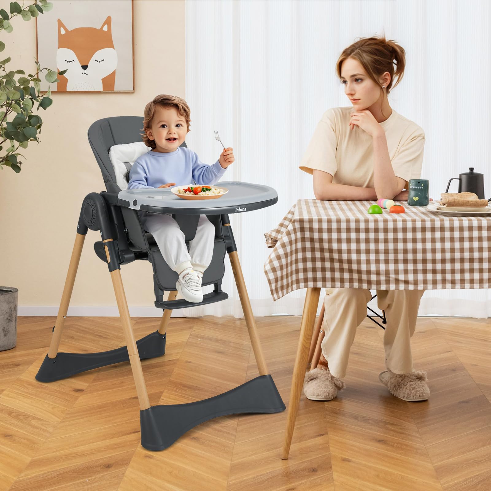 INFANS Baby High Chair, High Chairs for Babies & Toddlers with Adjustable Height Backrest Footrest Removable Tray, Easy to Clean PU Seat Convertible Quick Folding Portable Highchair