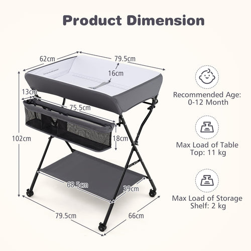 INFANS Baby Changing Table with Wheels, Portable Folding Diaper Station Nursery Organizer with Adjustable Height