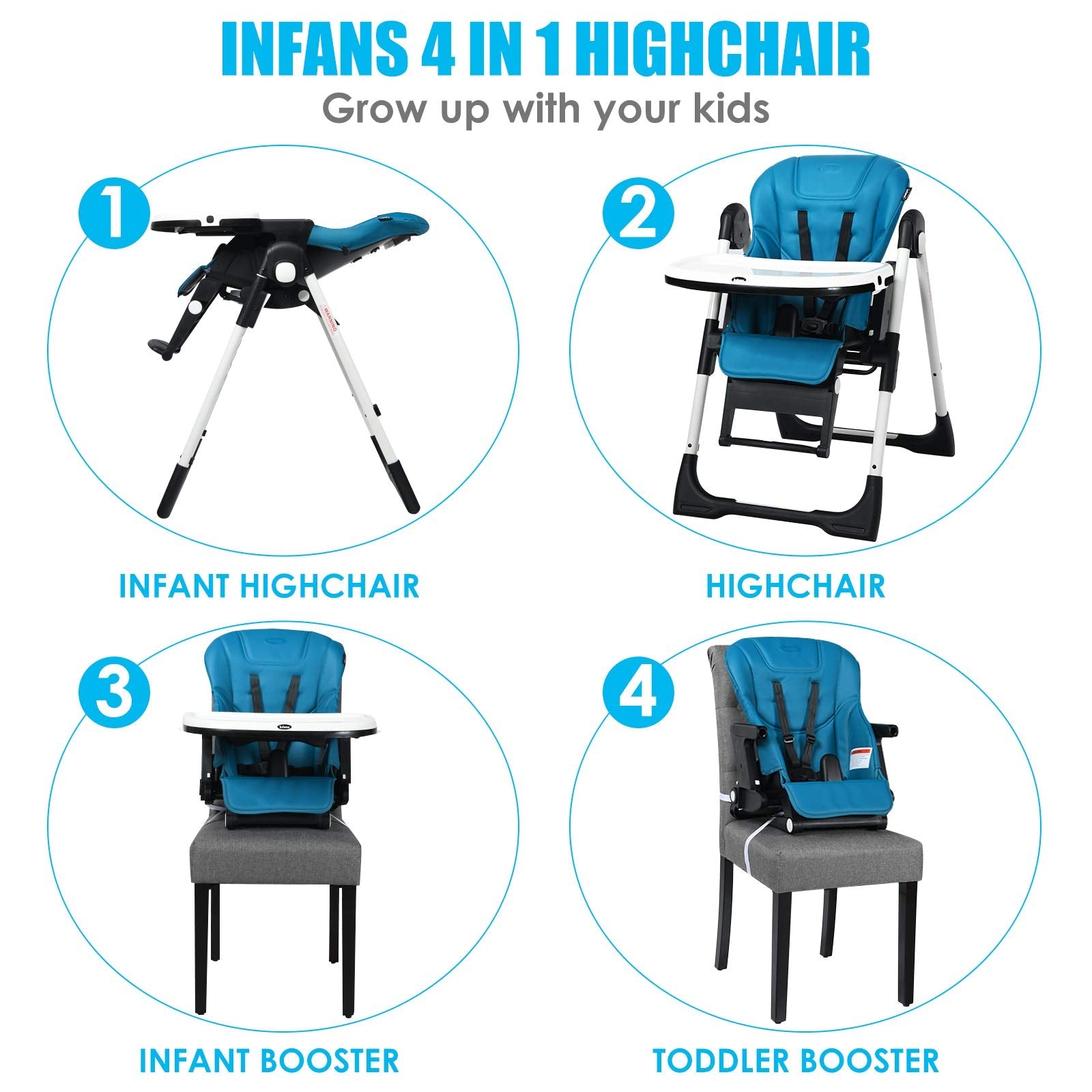 INFANS 4 in 1 High Chair–Booster Seat, Convertible Highchair, Installation-Free,Simple Fold for Baby, Infant& Toddler