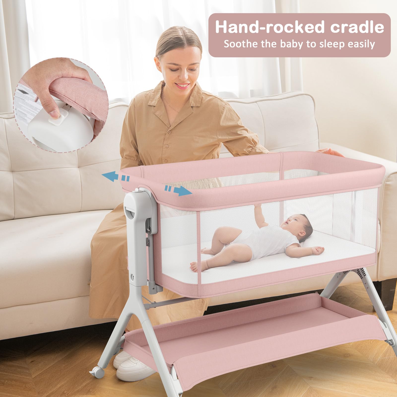 INFANS 5 in 1 Baby Bassinet, Upgraded Flat Rocking Bedside Sleeper with Wheels, Storage Basket, Travel Bag