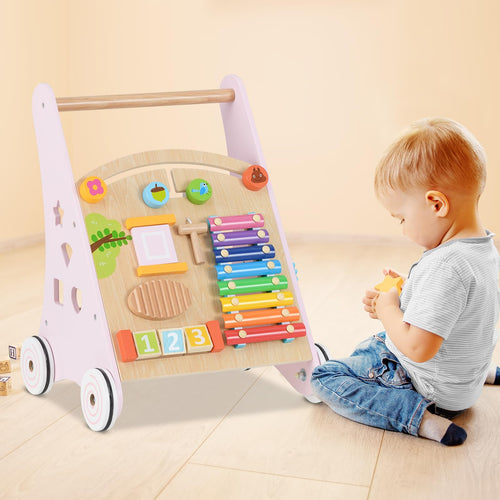 INFANS Wooden Baby Walker, Montessori Walker with Multiple Activity Toys, Push Walker Toys for Infant Learning to Walk