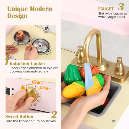 OLAKIDS Kids Kitchen Playset, Toddler Wooden Pretend Cooking Toy Set with Acrylic Drawing Board Ice Machine Dishwasher