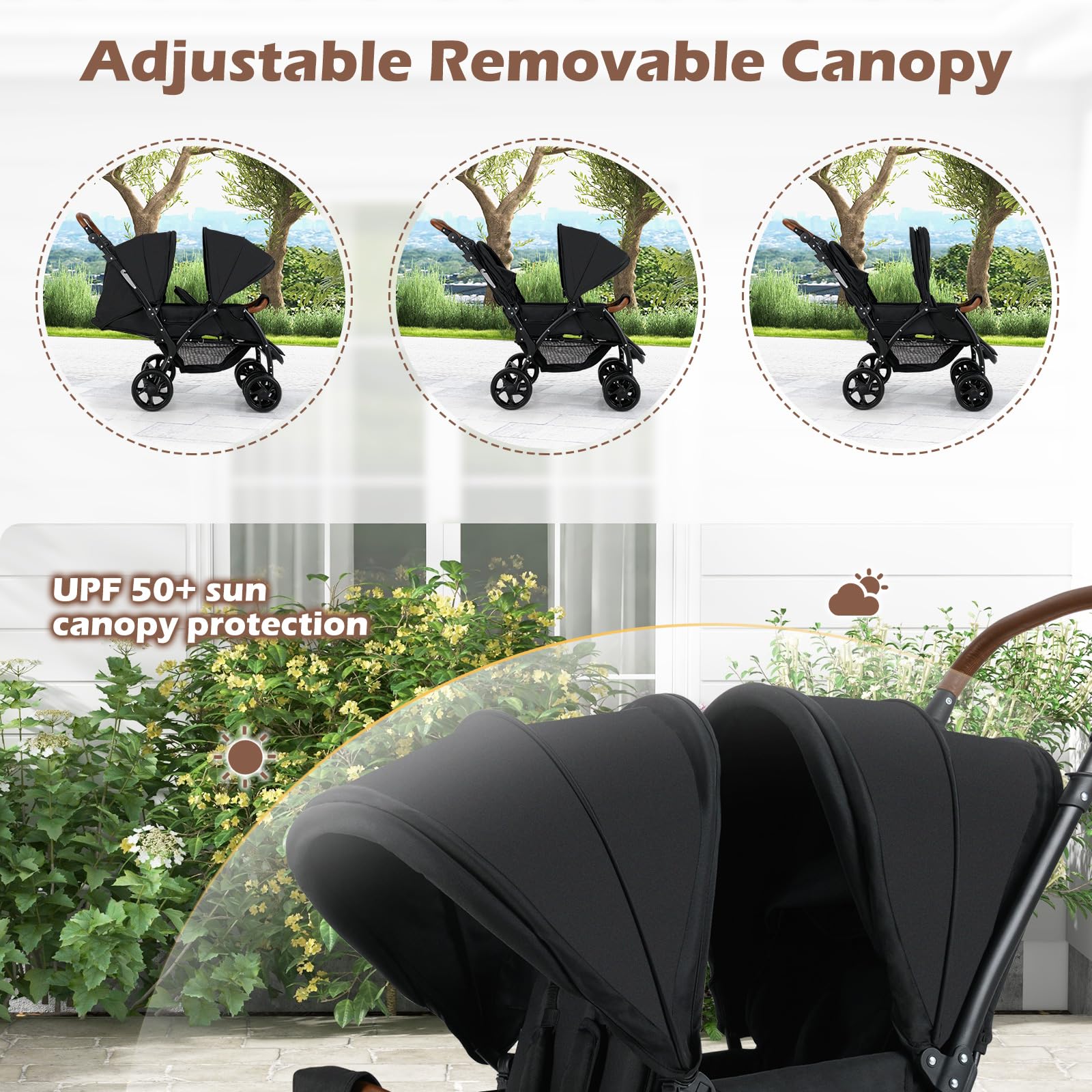 INFANS Double Stroller, Foldable Baby Tandem Stroller with Djustable Backrest Canopy Footrest