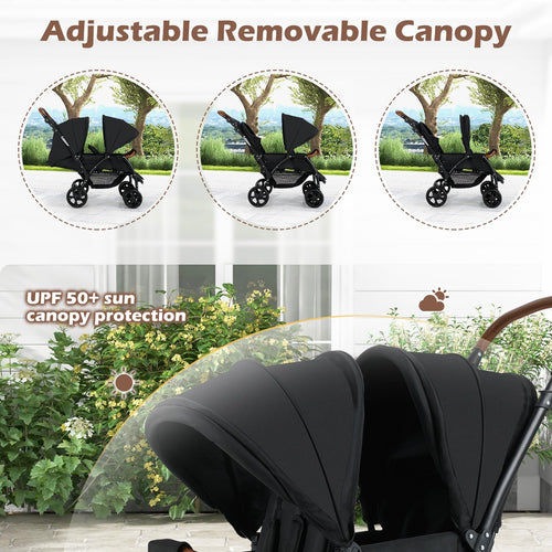 INFANS Double Stroller, Foldable Baby Tandem Stroller with Djustable Backrest Canopy Footrest