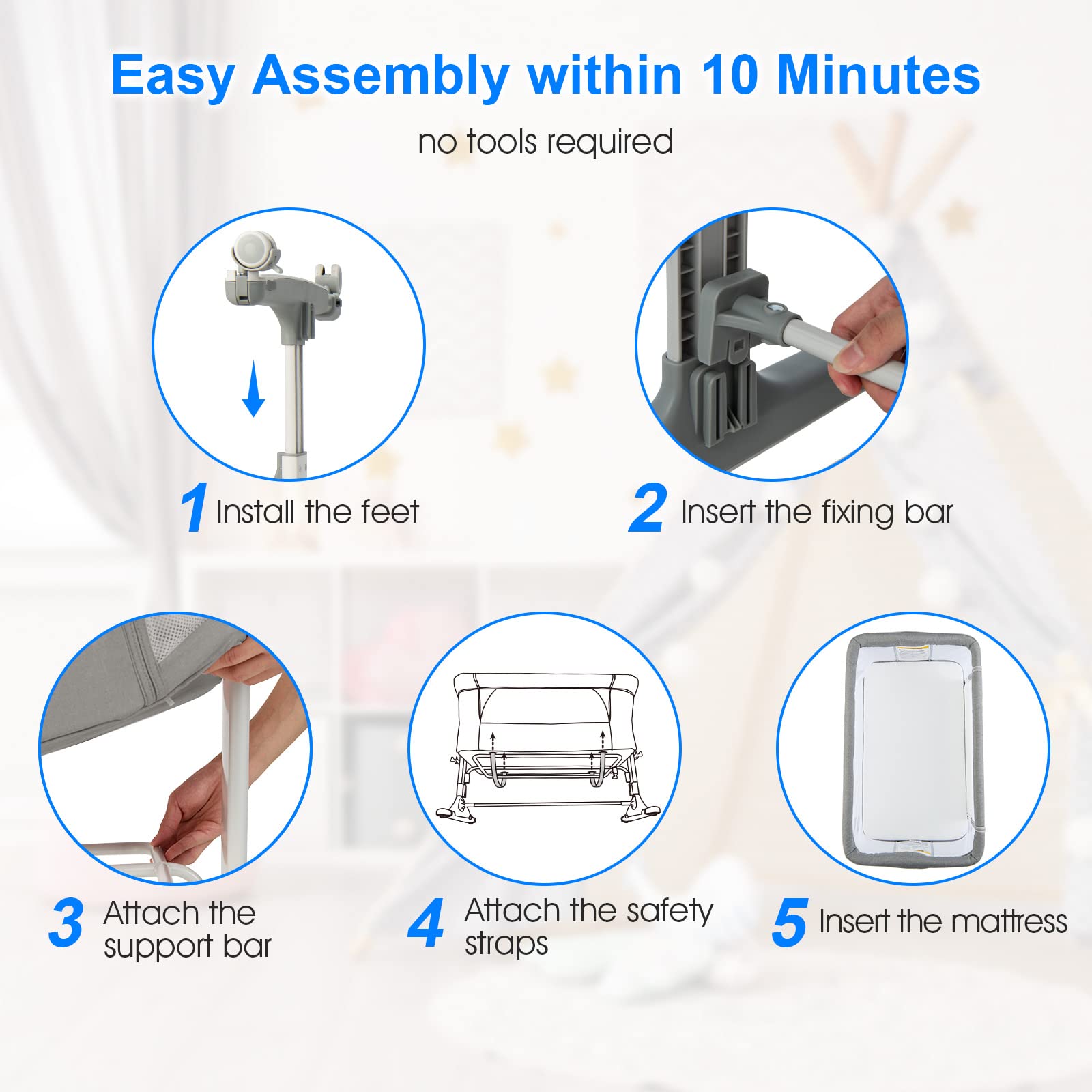 INFANS 3 in 1 Baby Bassinets, Bedside Sleeping for Newborn, Folding Crib with Mattress, Easy to Assemble Cradle