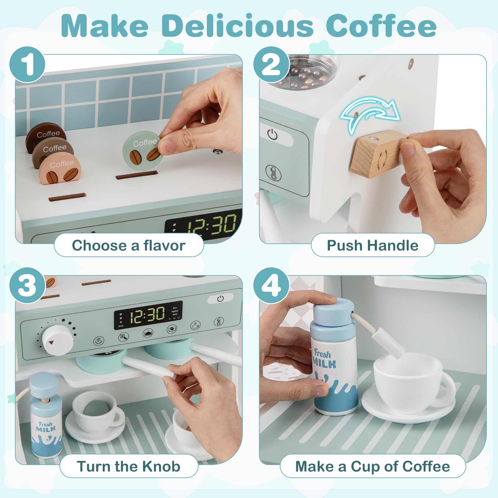 OLAKIDS Kids Kitchen Playset, Toddler Wooden Kitchen Pretend Cooking Toy Set with Coffee Maker
