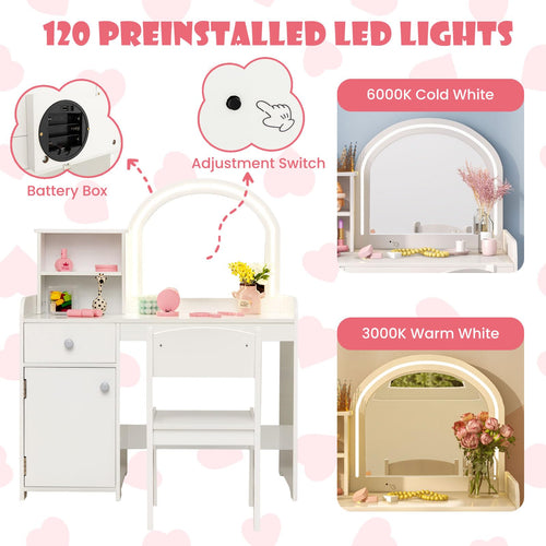 OLAKIDS Kids Vanity, Princess Makeup Desk and Chair Set with Lights Mirror, Pretend Play Vanity Set for Toddler Girls
