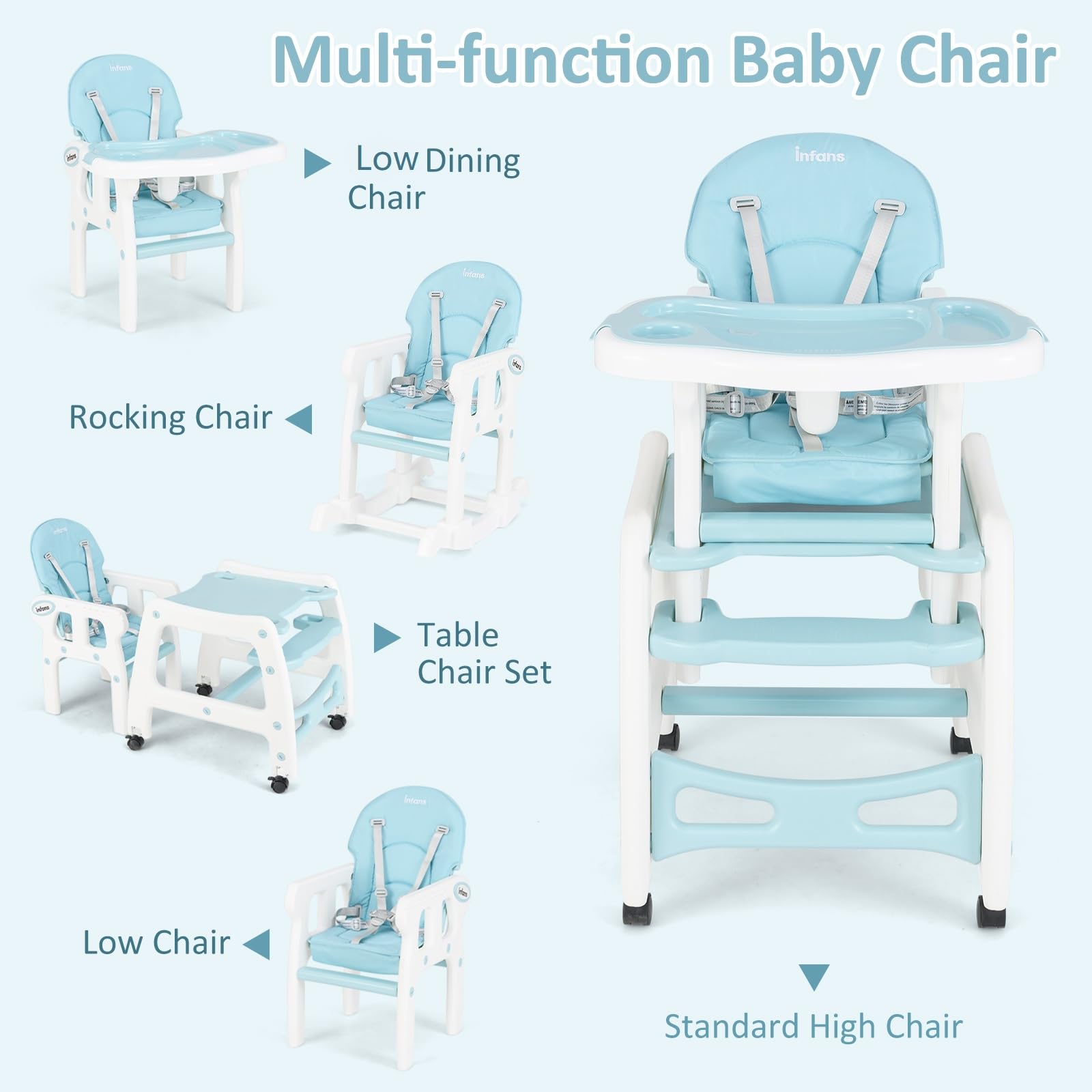 INFANS 5 in 1 Baby High Chair, Convertible Toddler Table Chair Set,  Multi-Function Seat with Lockable Universal Wheels