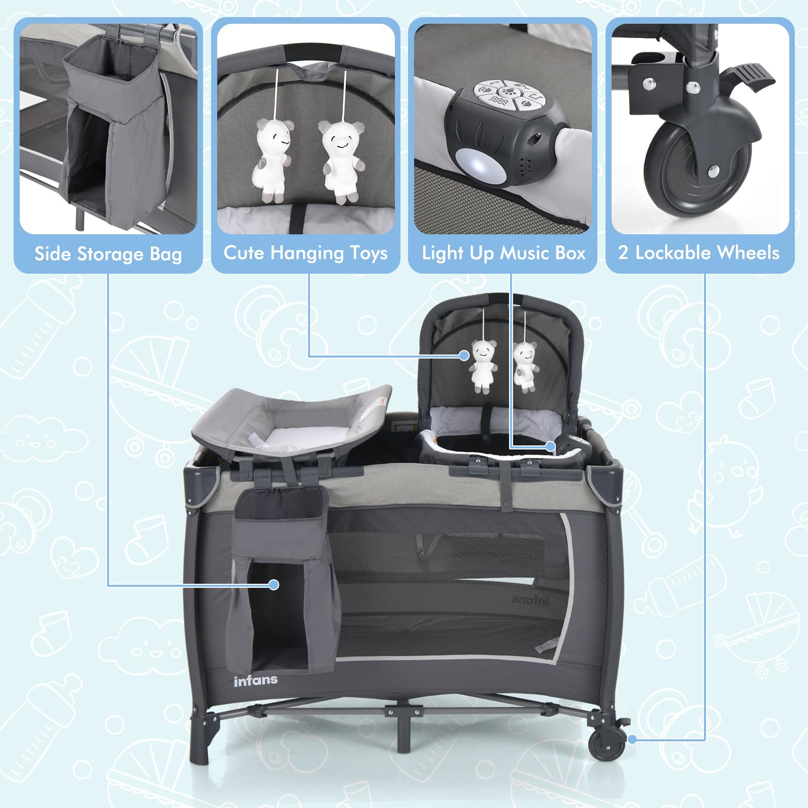 INFANS 4 in 1 Pack and Play, Portable Baby Kid Infant, Travel Playard with Bassinet, Mattress, Diaper Changer