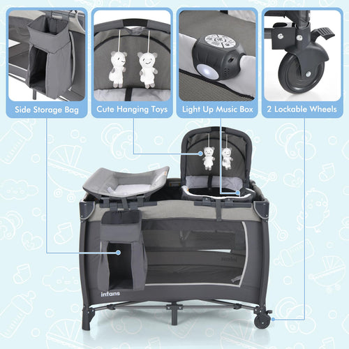 INFANS 4 in 1 Pack and Play, Portable Baby Kid Infant, Travel Playard with Bassinet, Mattress, Diaper Changer