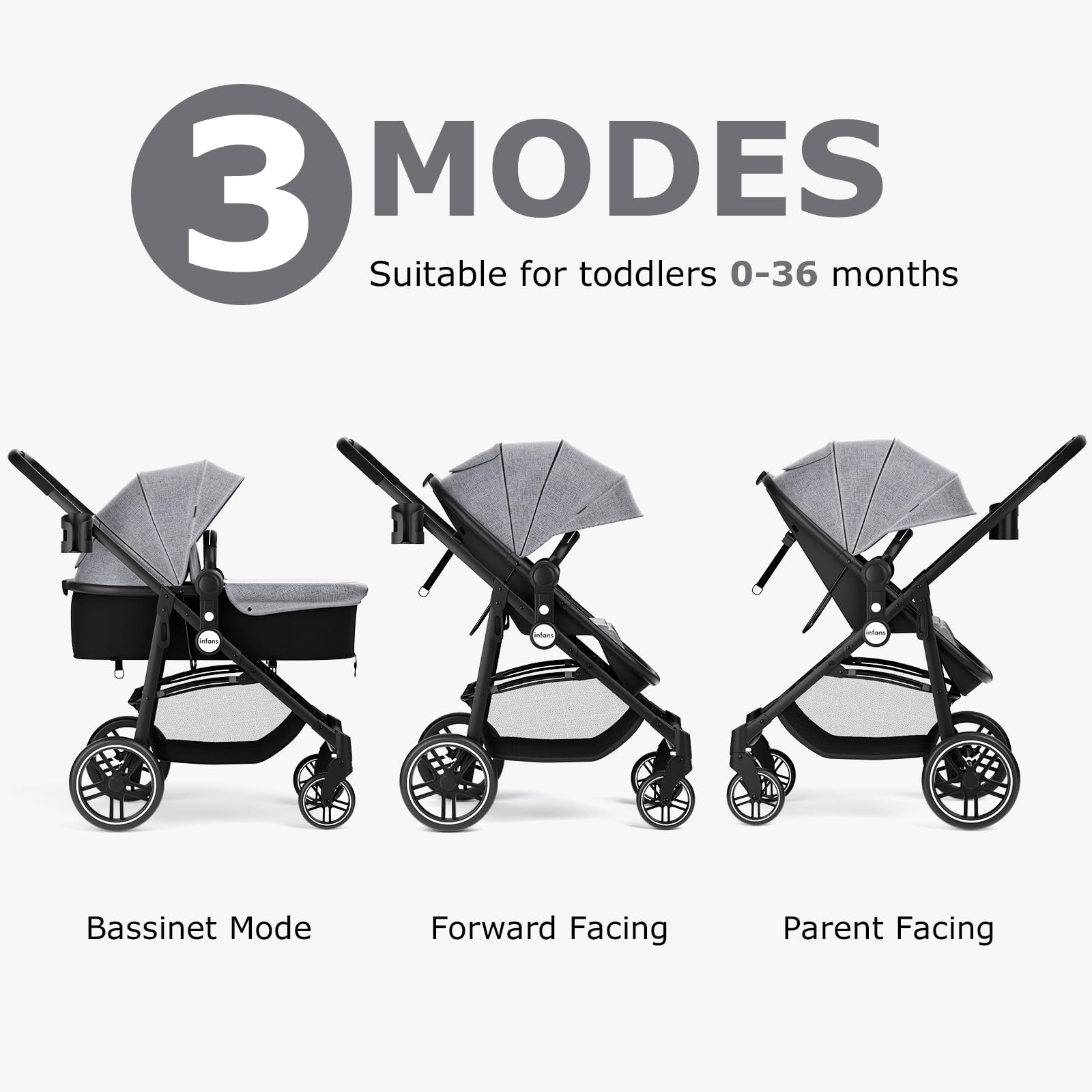 INFANS 2 in 1 Baby Stroller, High Landscape Infant Stroller & Reversible Bassinet Pram, Foldable Pushchair