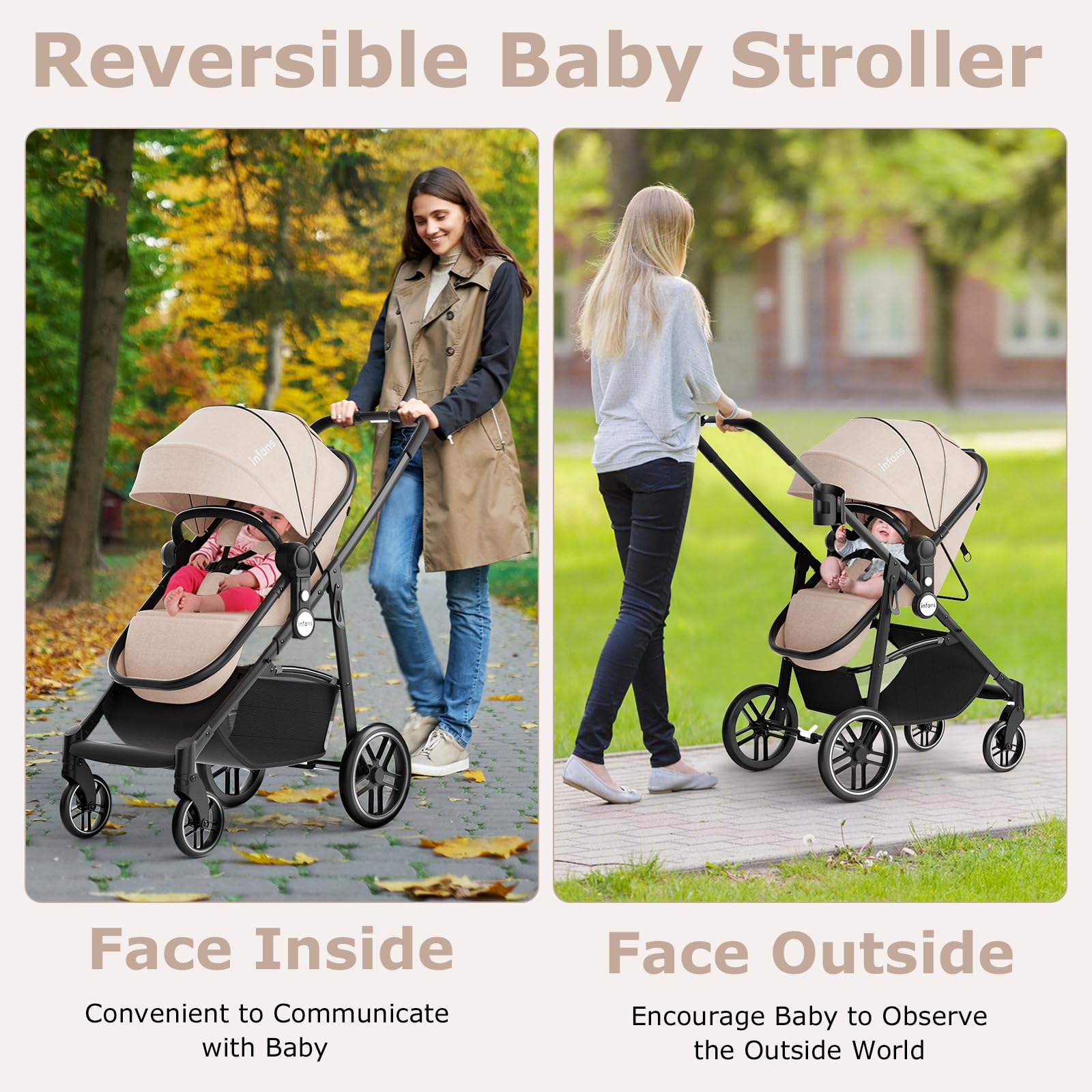 INFANS 2 in 1 Baby Stroller, High Landscape Infant Stroller & Reversible Bassinet Pram, Foldable Pushchair
