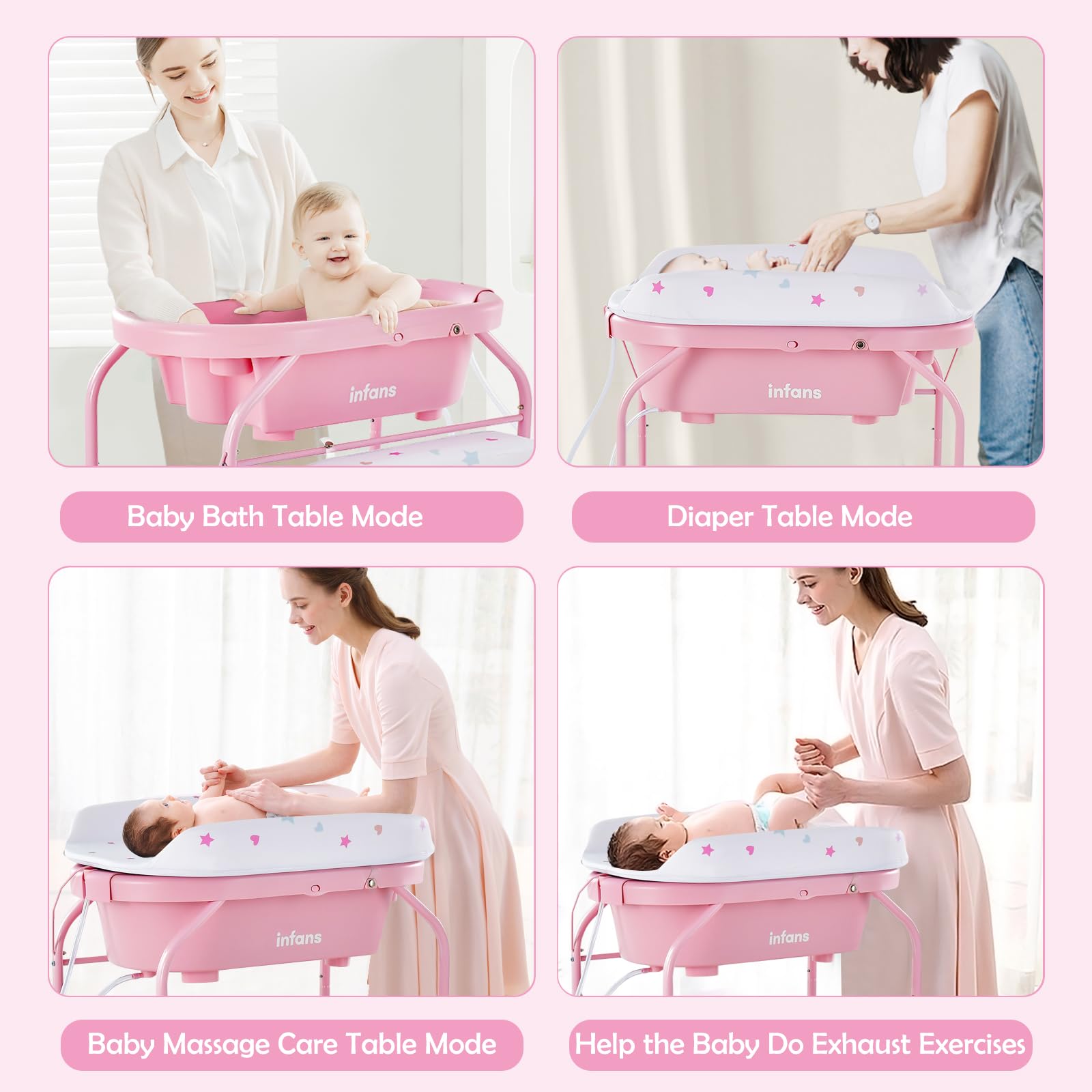INFANS 2 in 1 Baby Changing Table with Bath Tub Unit, Folding Diaper Dresser Station with Wheels Waterproof
