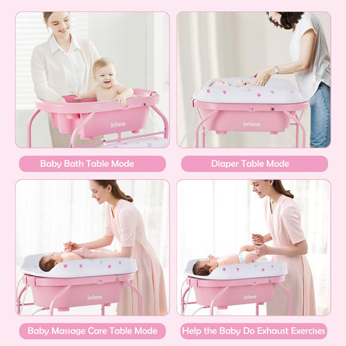 INFANS 2 in 1 Baby Changing Table with Bath Tub Unit, Folding Diaper Dresser Station with Wheels Waterproof