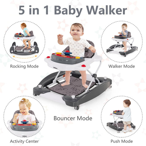 INFANS Baby Walker, 5 in 1 Behind Walker Learning Seated Rocker Bouncer with Removable Music Tray, Adjustable Height