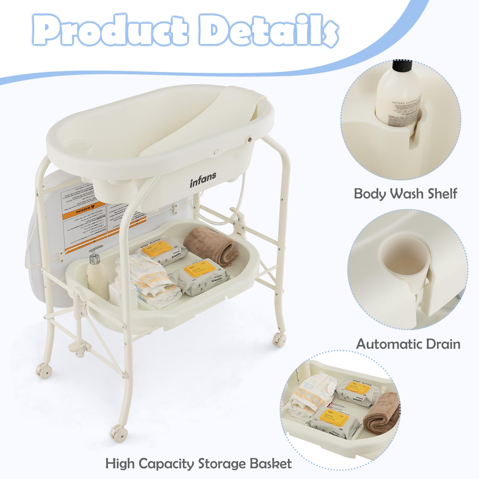 INFANS 2 in 1 Baby Changing Table with Bath Tub Unit, Folding Diaper Dresser Station with Wheels Waterproof