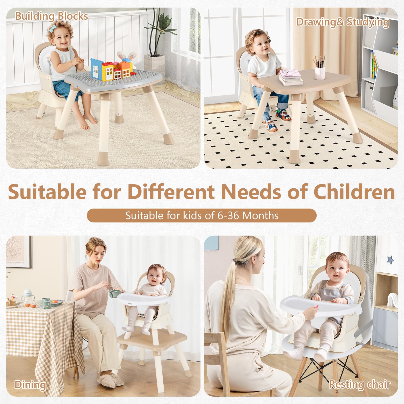 INFANS 8 in 1 Baby High Chair, Convertible Highchair for Babies and Toddlers, Infant Dining Booster Seat