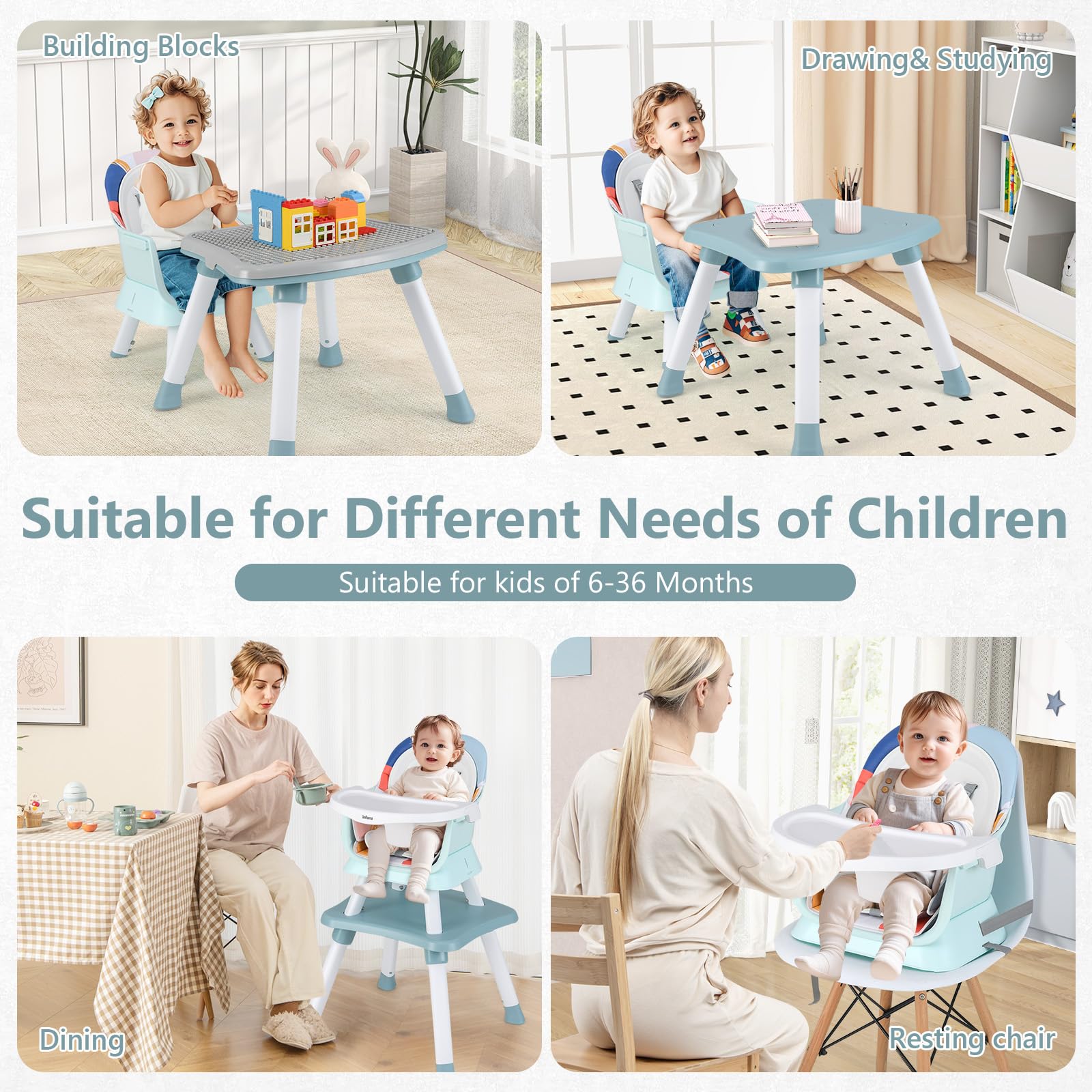 INFANS 8 in 1 Baby High Chair, Convertible Highchair for Babies and Toddlers, Infant Dining Booster Seat